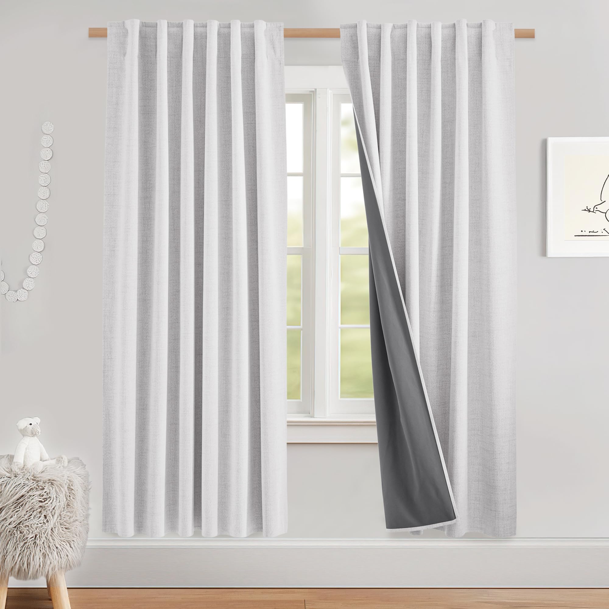NICETOWN 100% Blackout Linen Curtains 90" Long for Bedroom, Thermal Insulated Living Room Curtains with Liner, Farmhouse Style Linen Blend Window Draperies for Dining Room (2 Panels, 52" W, Natural)