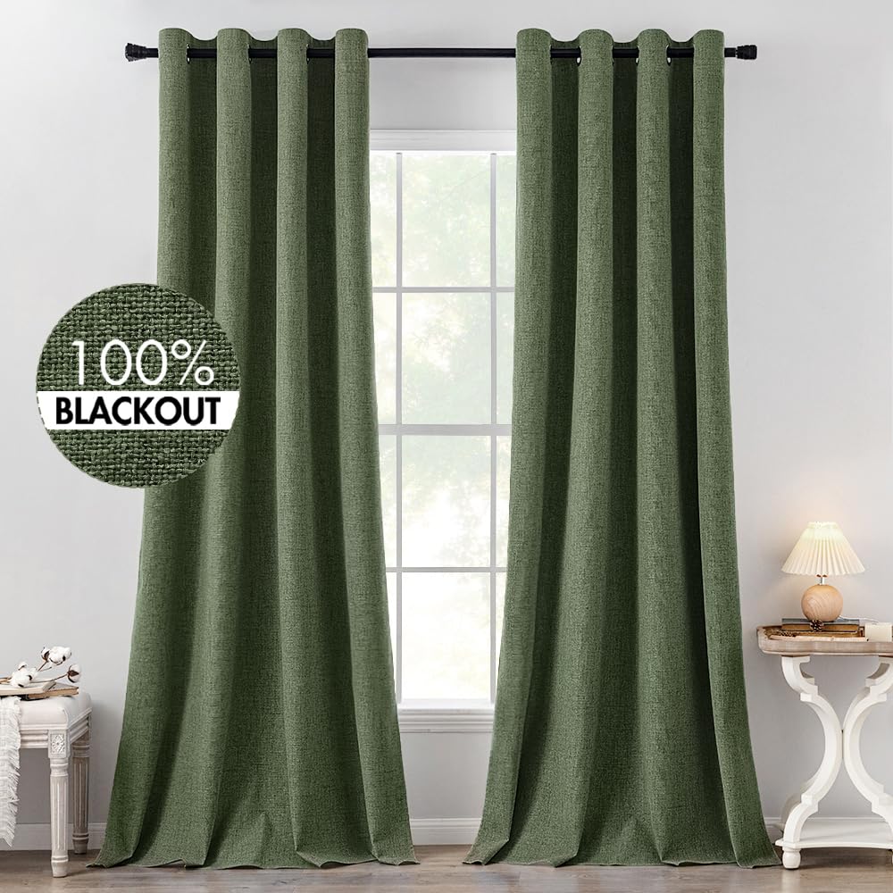 MIULEE 100% Blackout Linen Textured Curtains for Bedroom Solid Thermal Insulated Natural Beige Grommet Room Darkening Curtains & Drapes Luxury Decor for Living Room Nursery 52 x 84 Inch (2 Panels)
