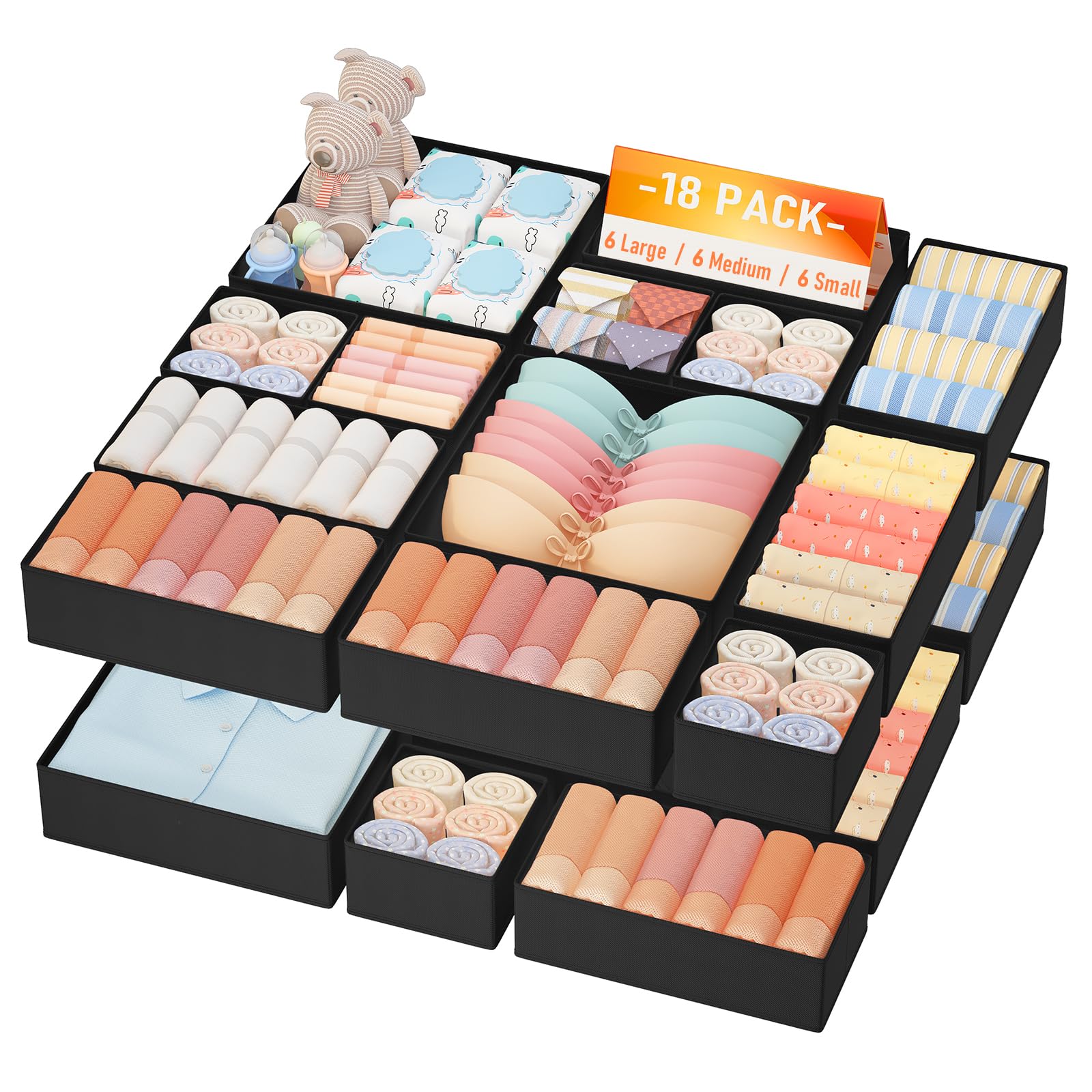 DIMJ Drawer Organizer Clothes Storage - 18 Pack Baby Dresser Organizer for Nursery, Foldable Closet Drawer Organizer Bins for Bedroom Organization, Fabric Storage Dividers for Socks, Underwears, Bras