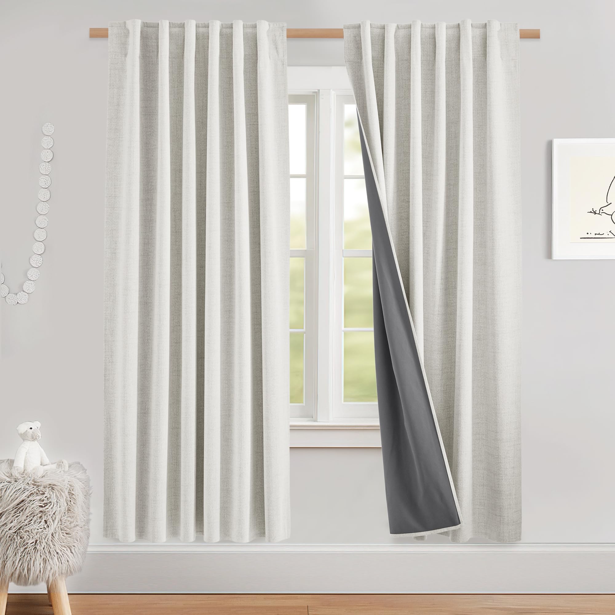 NICETOWN 100% Blackout Linen Curtains 90" Long for Bedroom, Thermal Insulated Living Room Curtains with Liner, Farmhouse Style Linen Blend Window Draperies for Dining Room (2 Panels, 52" W, Natural)