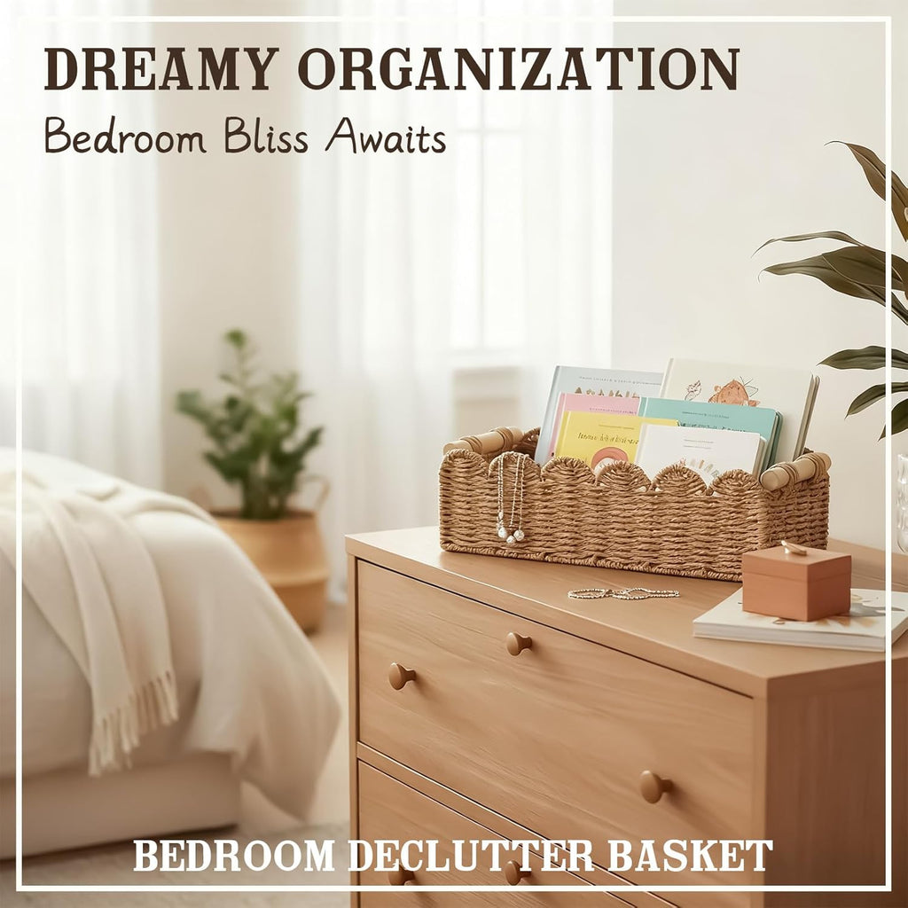 Upgraded Paper Rope Scalloped Edge Toilet Paper Storage Basket, Small Living Room, Bedroom Decor Baskets for Over Toilet Storage Shelf, End Table, Shelves and More, with 2 Wooden Handle (Neutral)