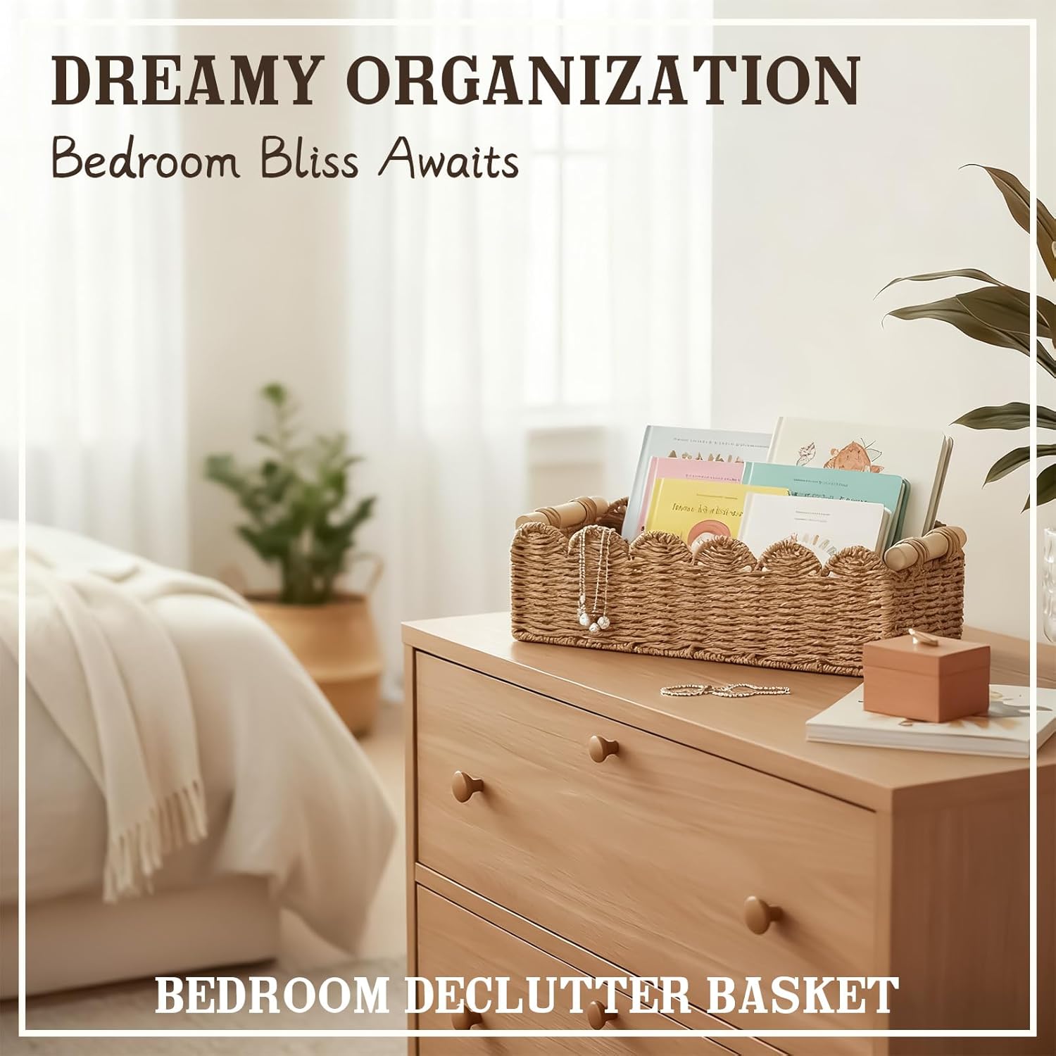 Upgraded Paper Rope Scalloped Edge Toilet Paper Storage Basket, Small Living Room, Bedroom Decor Baskets for Over Toilet Storage Shelf, End Table, Shelves and More, with 2 Wooden Handle (Neutral)