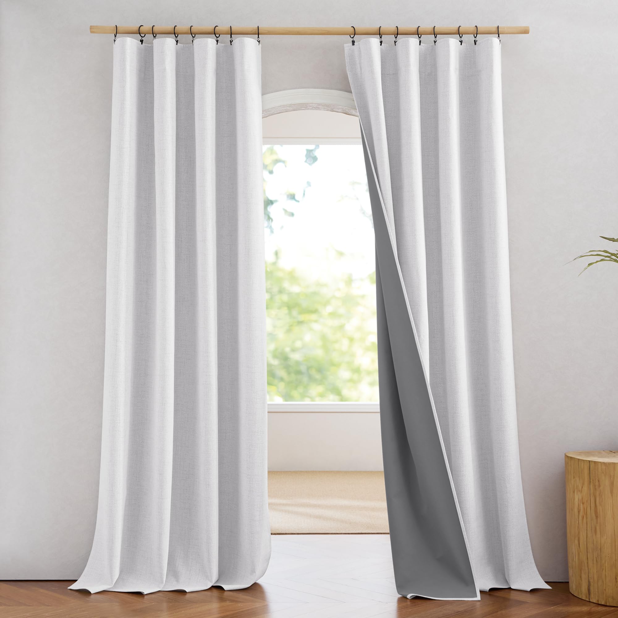 NICETOWN 100% Blackout Linen Curtains 90" Long for Bedroom, Thermal Insulated Living Room Curtains with Liner, Farmhouse Style Linen Blend Window Draperies for Dining Room (2 Panels, 52" W, Natural)