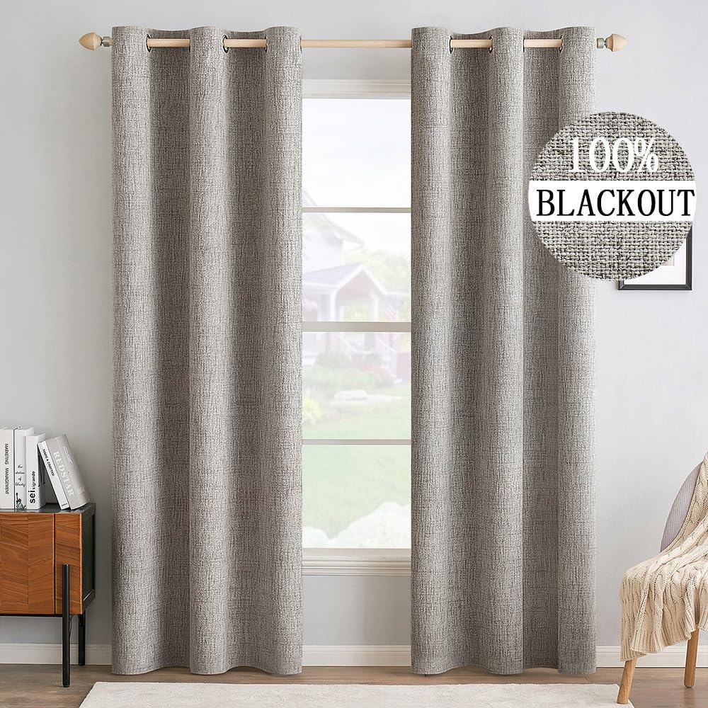 MIULEE 100% Blackout Linen Textured Curtains for Bedroom Solid Thermal Insulated Natural Beige Grommet Room Darkening Curtains & Drapes Luxury Decor for Living Room Nursery 52 x 84 Inch (2 Panels)