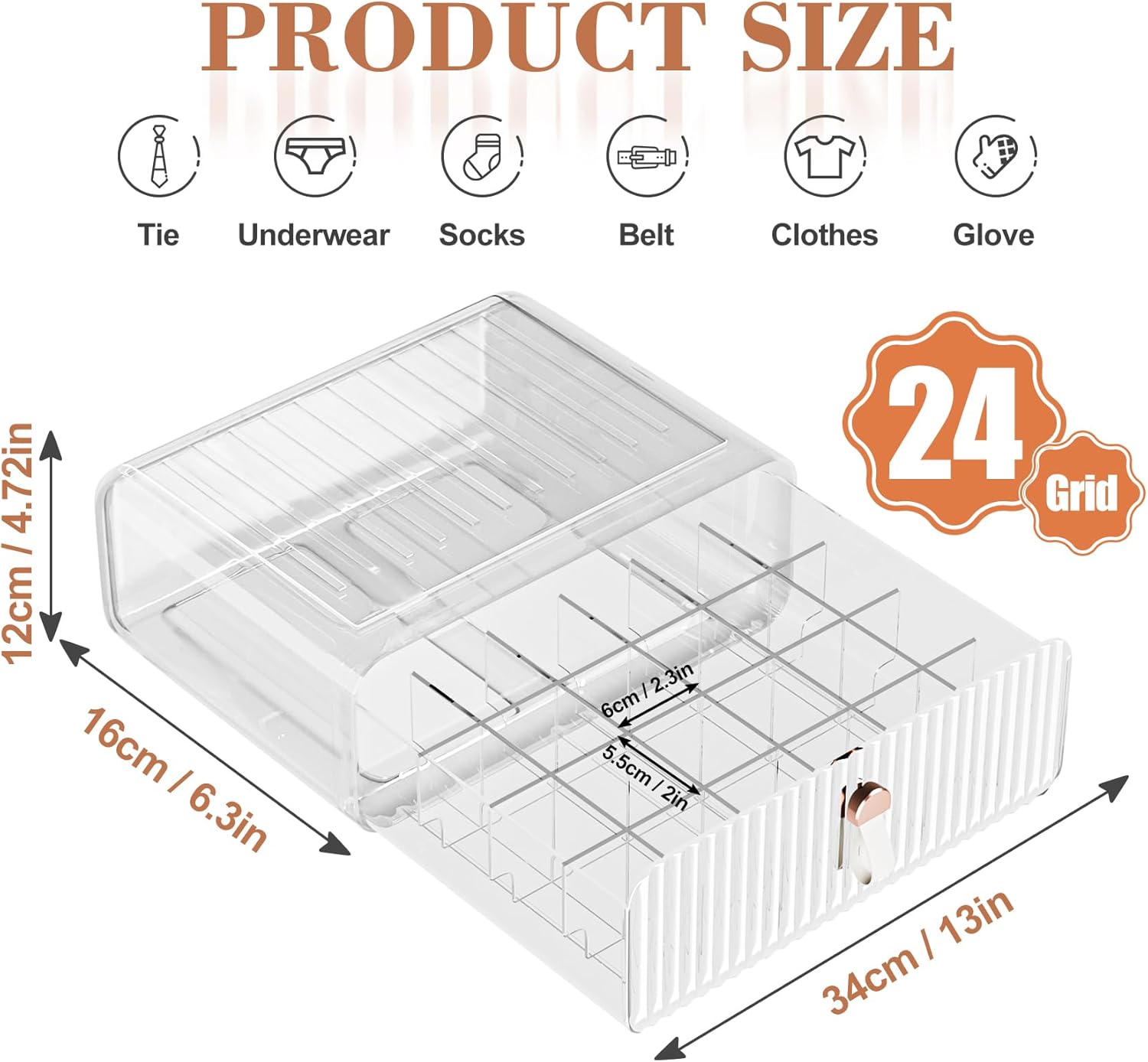 Sock Underwear Drawer Organizer - 24 Compartment Clear Acrylic Storage Bins with Removable Dividers for Closet, Stackable Dresser Drawer Box for No-Mess Socks, Tiers, Baby Clothes, Belt, Tea Bag