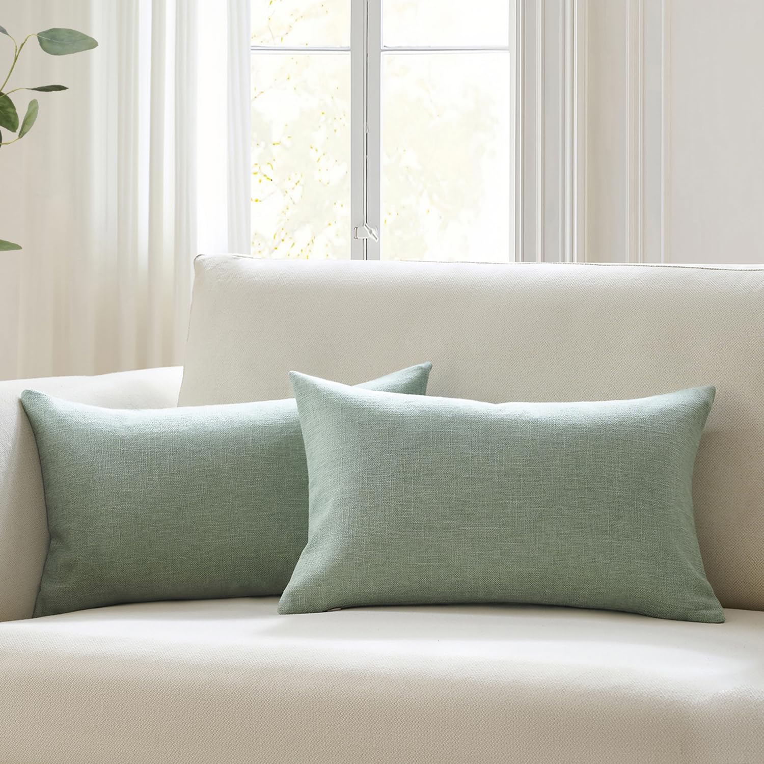 Meekio Set of 2 Ivory Throw Pillow Covers 18x18, Modern Farmhouse Linen Blend Decorative Pillow Covers for Couch Sofa Bed, Neutral Home Decor