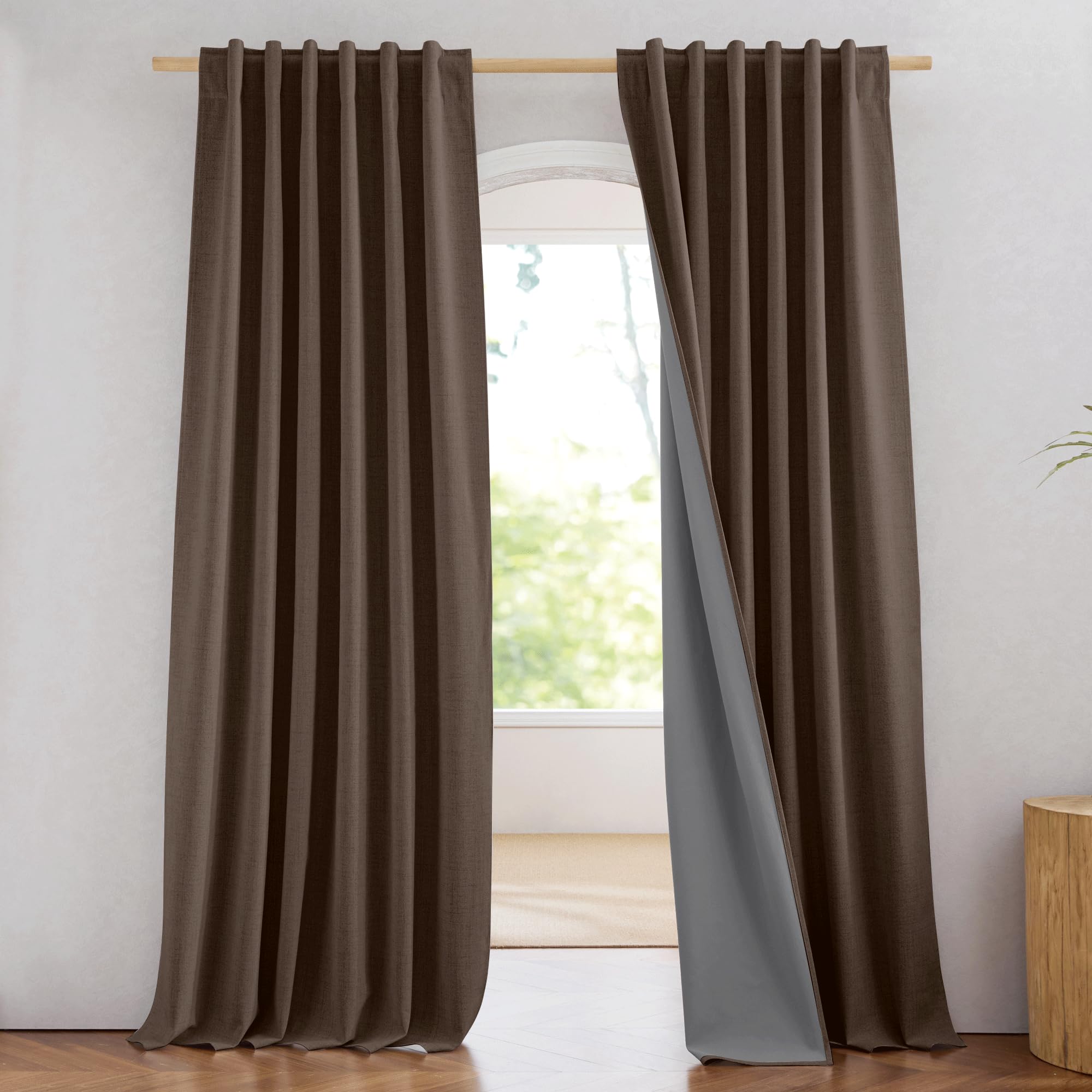 NICETOWN 100% Blackout Linen Curtains 90" Long for Bedroom, Thermal Insulated Living Room Curtains with Liner, Farmhouse Style Linen Blend Window Draperies for Dining Room (2 Panels, 52" W, Natural)