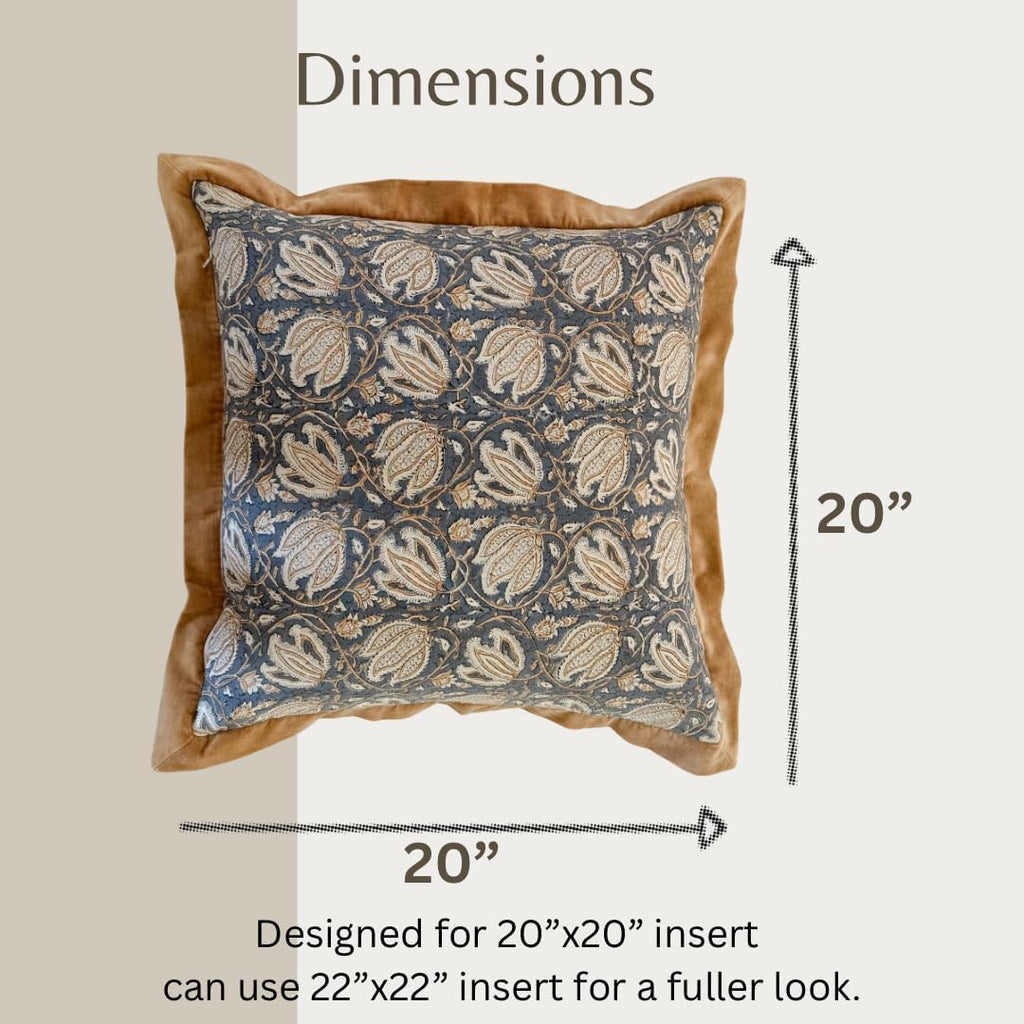 Palm & Loom 100% Cotton Linen Cushion Cover - Aira Decorative Throw Pillow Case with Camel & Blue print with flange - Modern Traditional Living Room, Bedroom Pillow Cover (Tana, 20" x 20" (Pack of 1))