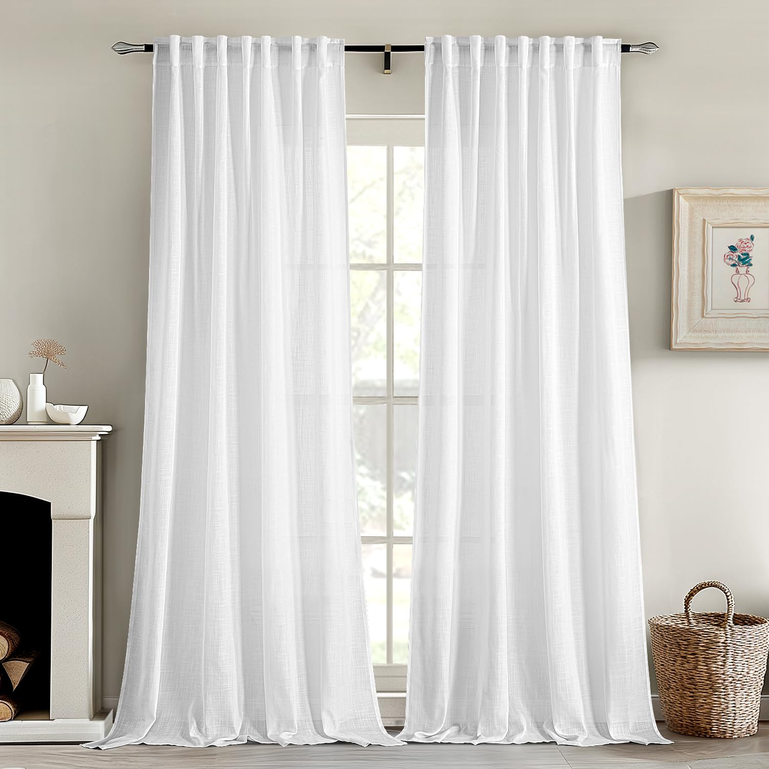 MIULEE Natural White Linen Curtains 84 Inch Long for Bedroom Living Room, Soft Thick Linen Textured Window Drapes Semi Sheer Light Filtering Rod Pocket Back Tab Neutral Farmhouse Cream Ivory 2 Panels