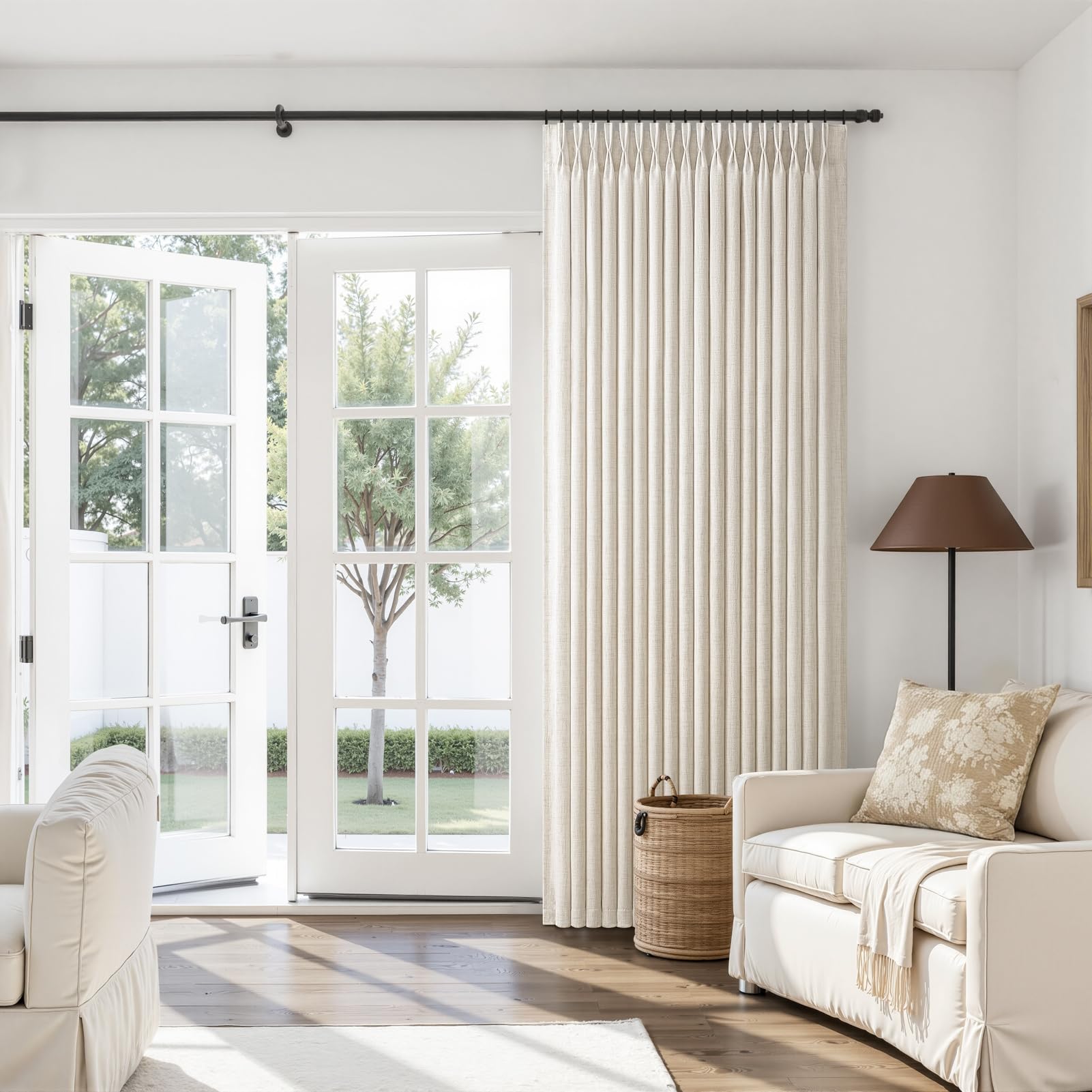 Pinch Pleated Linen 50 Inch Wide Curtains 96 Inches Long for Living Room, Memory Trained Pleat Boho Semi Sheer Birch Light Filtering Privacy Drapes 50x96 Inch Length 2 Panels Set Curtain Cream Ivory