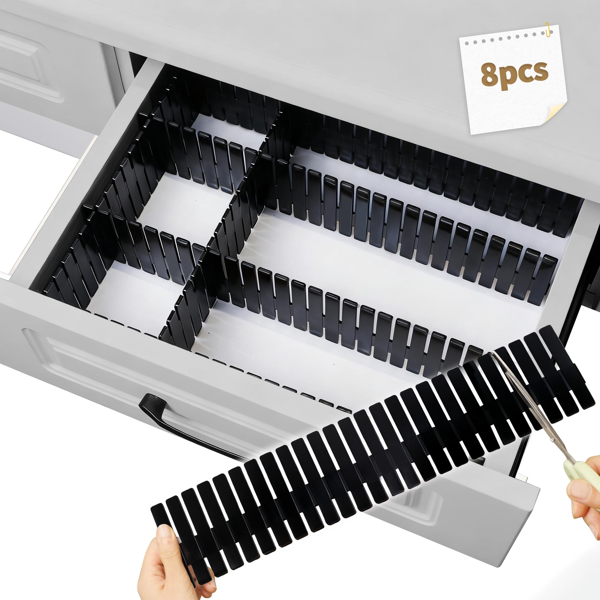 Drawer Divider Adjustable Diy Storage Organizer Separator for Tidying Clutter Cutlery Makeup Clothes of Dresses, Desk & Box in Kitchen Bathroom Bedroom Office (Cut at Will) (White 8pcs)