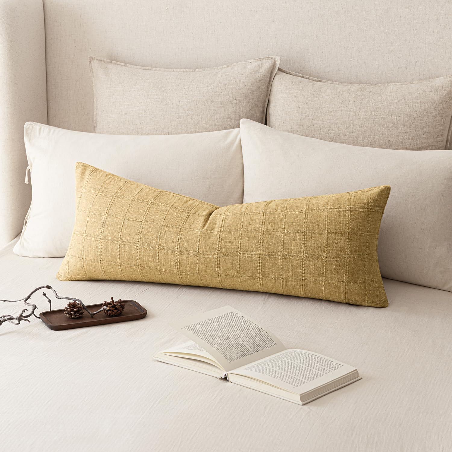 Foindtower Set of 1 Decorative Linen Check Throw Pillow Cover Neutral Farmhouse Lumbar Cushion Cover Modern Boho Home Decor for Sofa Chair Couch Bedroom Living Room,12×20 Inch,Natural Beige