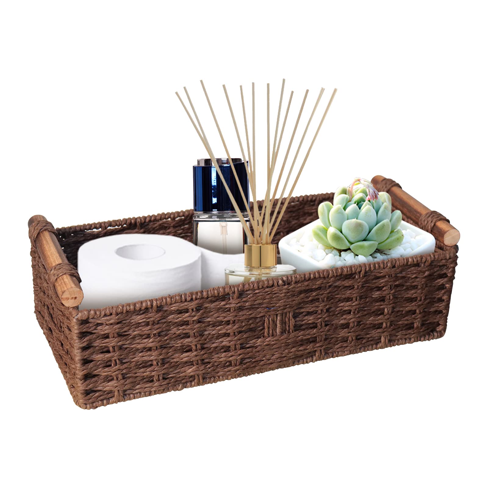 Round Paper Rope Storage Basket Wicker Baskets for Organizing with Handle Decorative Storage Bins for Countertop Toilet Paper Basket for Toilet Tank Top Small Baskets , Green
