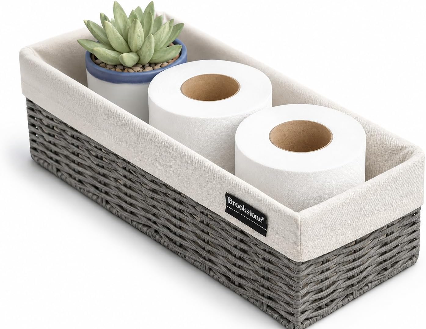 Brookstone Over the Toilet Tank Wicker Storage Basket, Bathroom and Closet Organizers and Storage Bins with Fabric Liner, Grey, 2 Pack Set