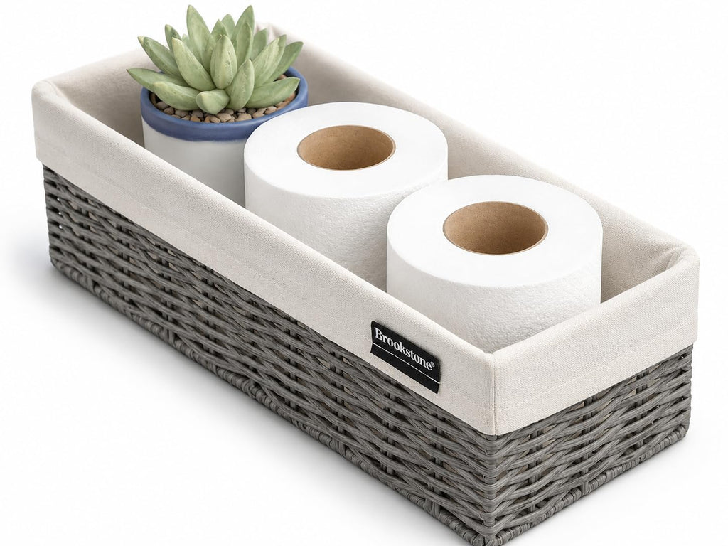 Brookstone Over the Toilet Tank Wicker Storage Basket, Bathroom and Closet Organizers and Storage Bins with Fabric Liner, Grey, 2 Pack Set