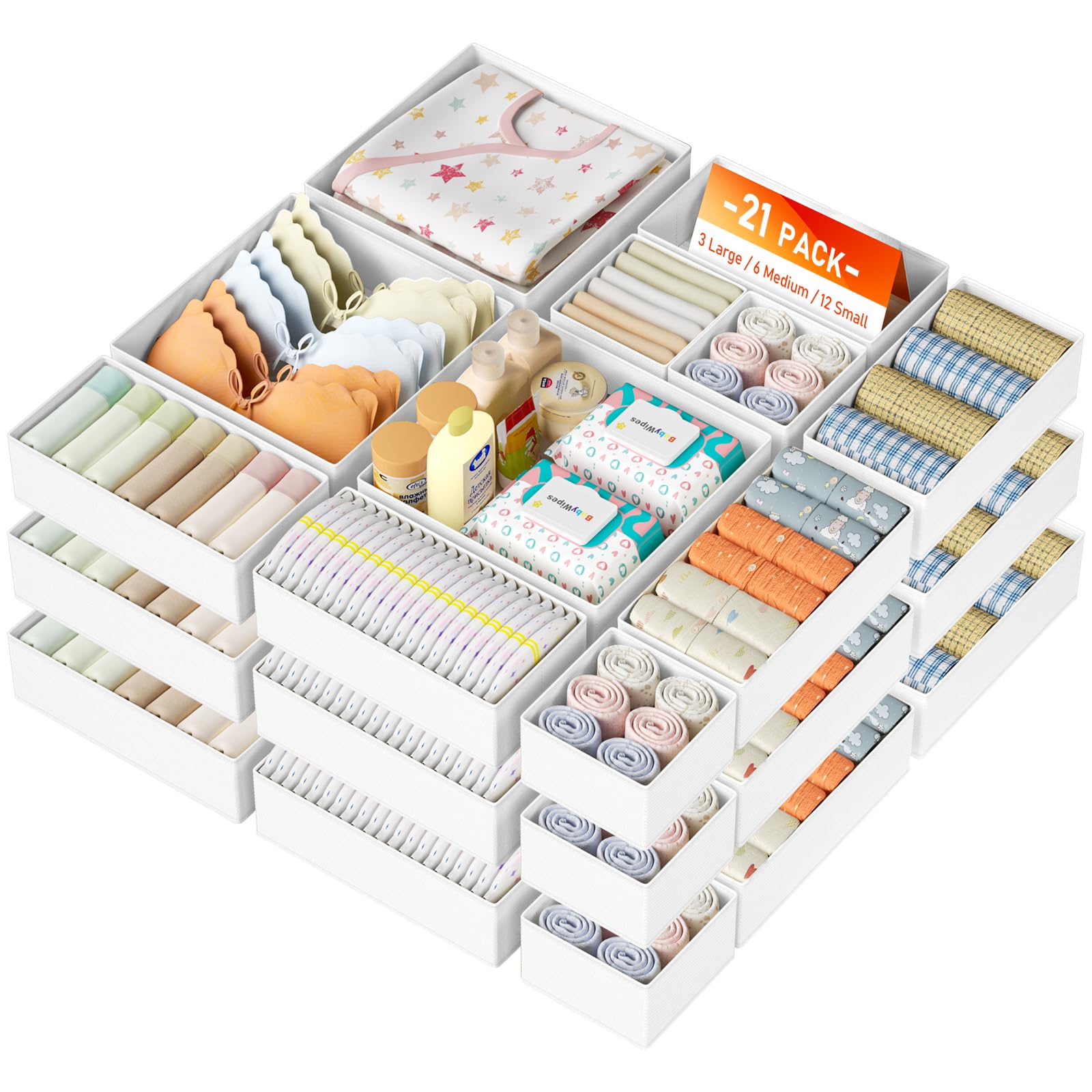 DIMJ Drawer Organizer Clothes Storage - 18 Pack Baby Dresser Organizer for Nursery, Foldable Closet Drawer Organizer Bins for Bedroom Organization, Fabric Storage Dividers for Socks, Underwears, Bras