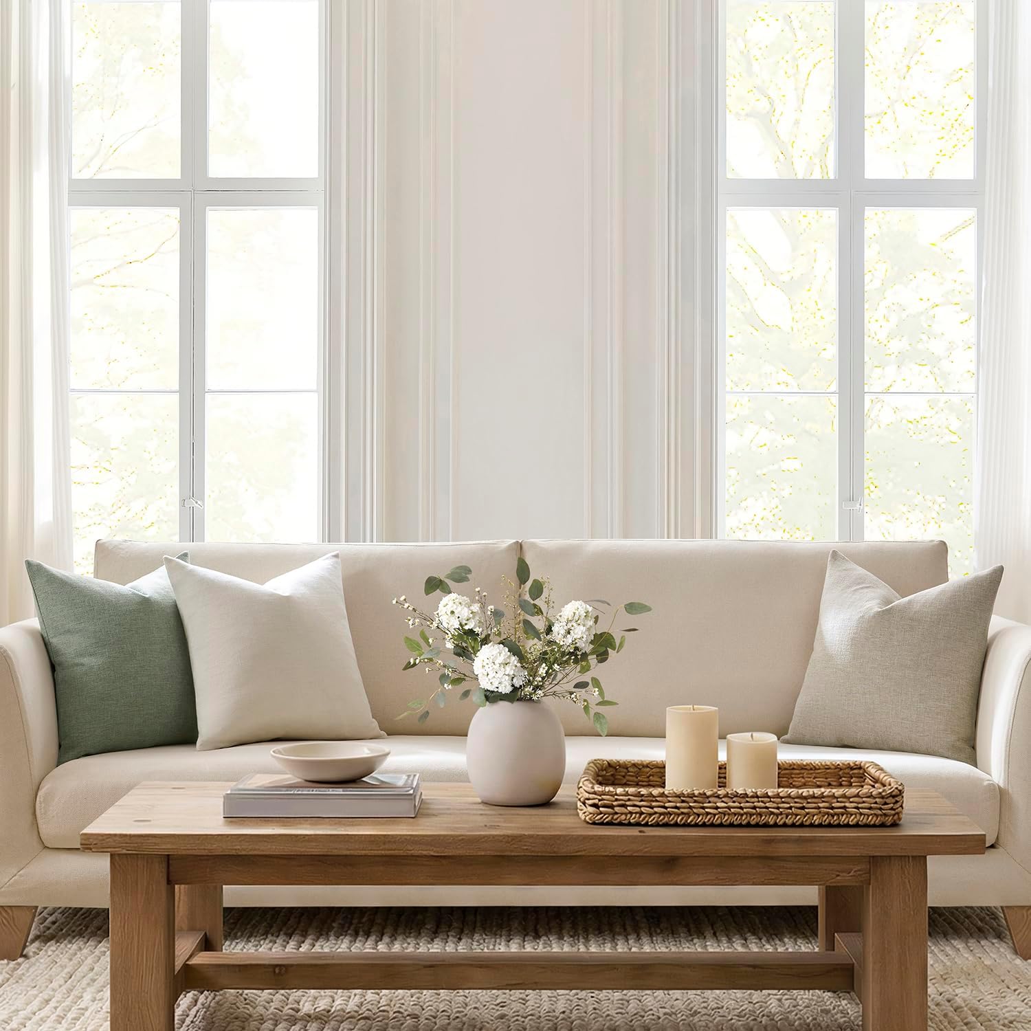 Meekio Set of 2 Ivory Throw Pillow Covers 18x18, Modern Farmhouse Linen Blend Decorative Pillow Covers for Couch Sofa Bed, Neutral Home Decor