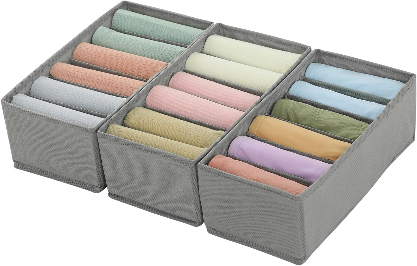 Qozary 3 Pack Sock Underwear Drawer Organizer Dividers, Non-Woven Fabric Collapsible Cabinet Closet Storage Boxes for Clothes, Socks, Lingerie, Underwear, Tie, Belt, Baby, Bedroom (Gray, 6 Cells)