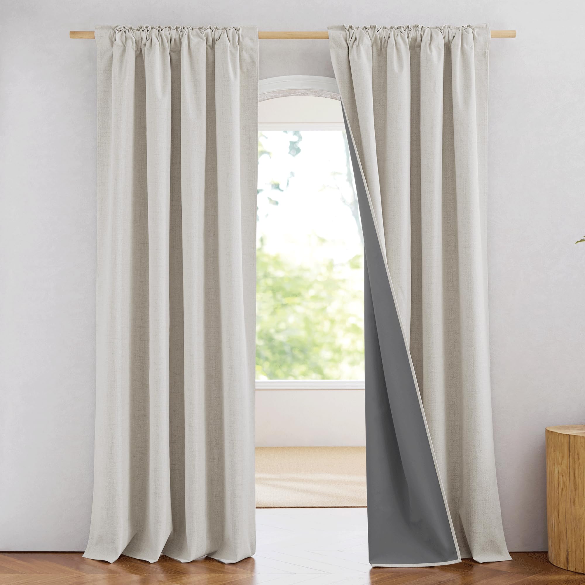 NICETOWN 100% Blackout Linen Curtains 90" Long for Bedroom, Thermal Insulated Living Room Curtains with Liner, Farmhouse Style Linen Blend Window Draperies for Dining Room (2 Panels, 52" W, Natural)