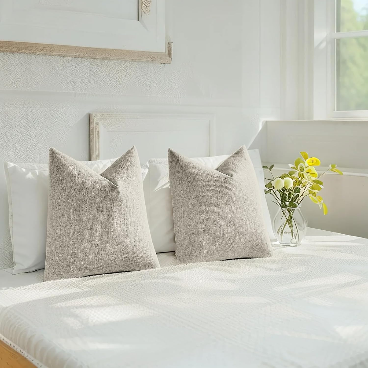 HAUSSY Pack of 2 Linen Pillow Covers 18x18 Inch, Decorative Throw Pillows Soft Boho Neutral Cushion Covers Home Decor Modern Soild Pillow Cases for Couch Living Room Sofa Bed, Coffee (Covers Only)