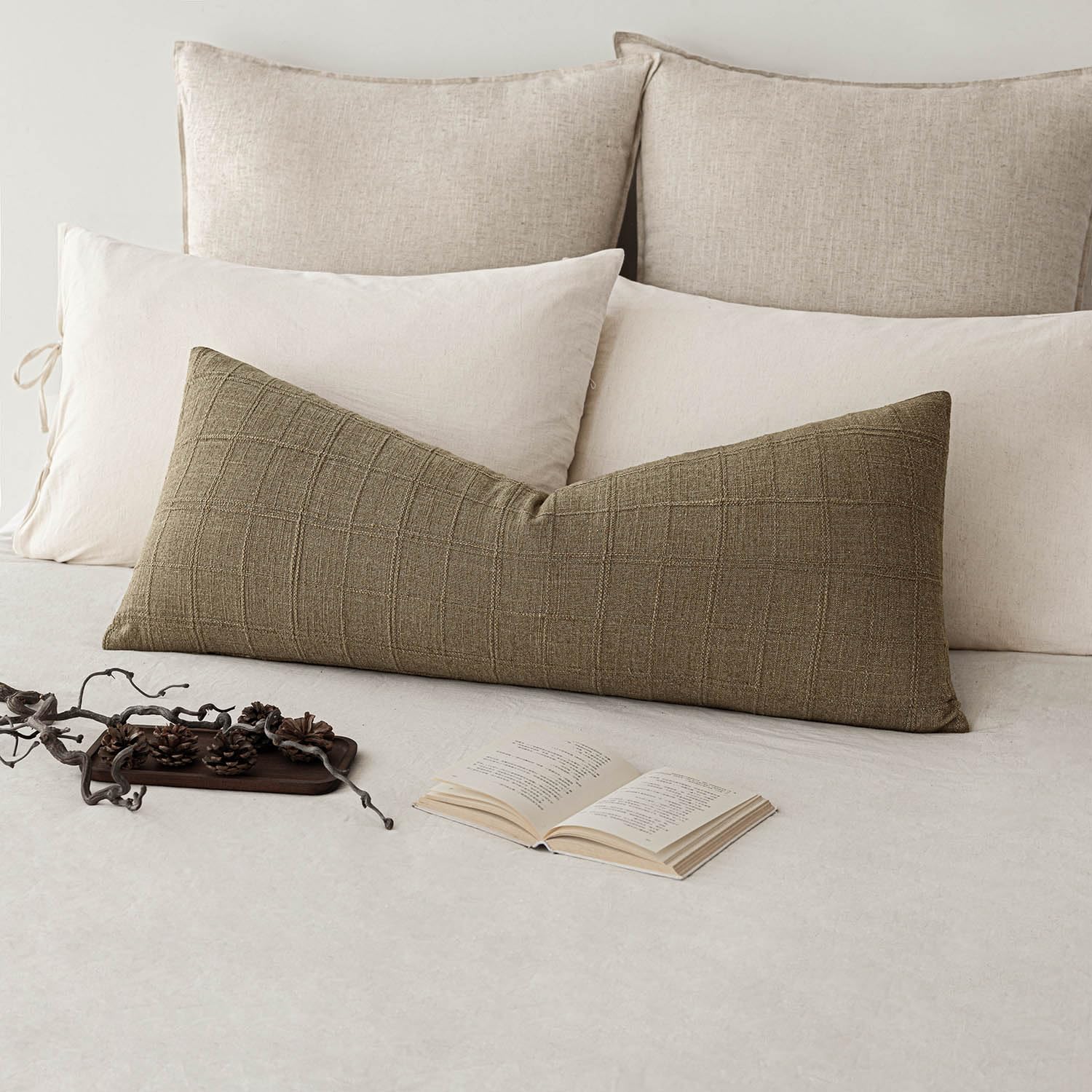 Foindtower Set of 1 Decorative Linen Check Throw Pillow Cover Neutral Farmhouse Lumbar Cushion Cover Modern Boho Home Decor for Sofa Chair Couch Bedroom Living Room,12×20 Inch,Natural Beige