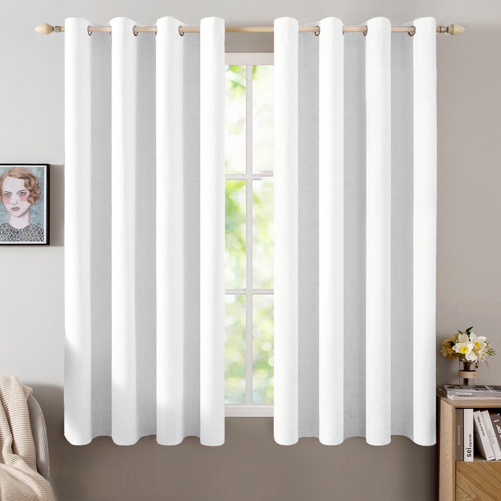 MIULEE 100% Blackout Linen Textured Curtains for Bedroom Solid Thermal Insulated Natural Beige Grommet Room Darkening Curtains & Drapes Luxury Decor for Living Room Nursery 52 x 84 Inch (2 Panels)