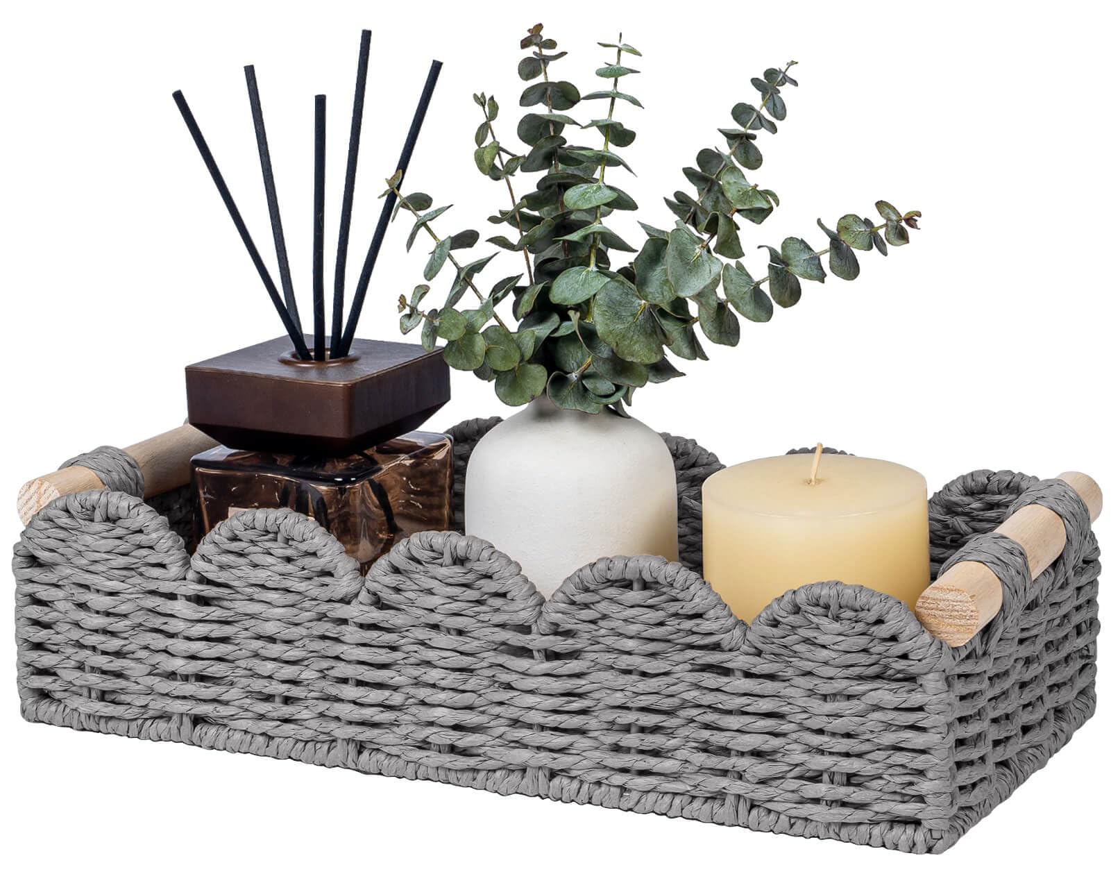 CubesLand Paper Rope Scalloped Edge Toilet Paper Storage Basket, Small Living Room, Bedroom Decor Baskets for Over Toilet Storage Shelf, End Table, Shelves and More, with 2 Wooden Handle, Neutral