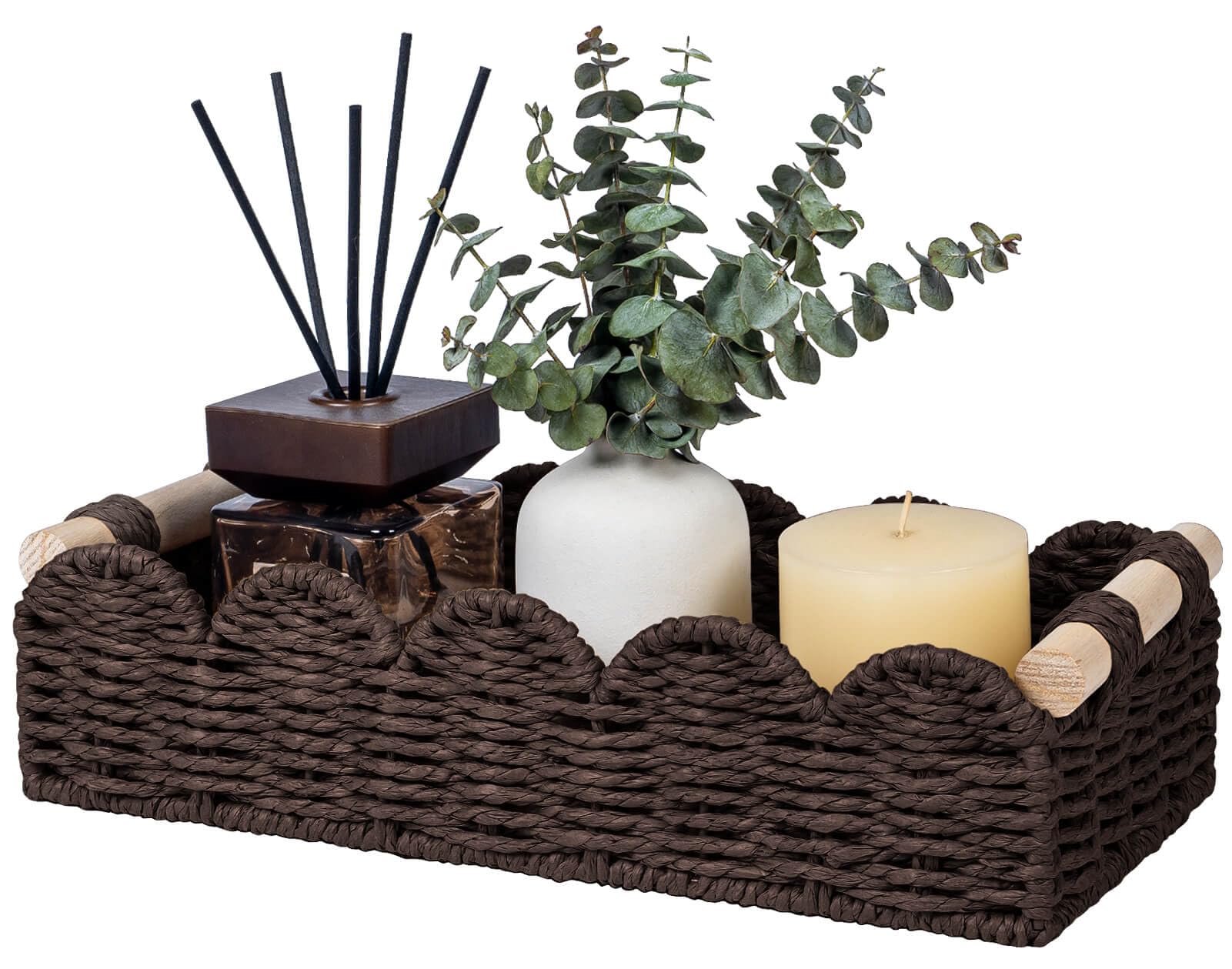 CubesLand Paper Rope Scalloped Edge Toilet Paper Storage Basket, Small Living Room, Bedroom Decor Baskets for Over Toilet Storage Shelf, End Table, Shelves and More, with 2 Wooden Handle, Neutral