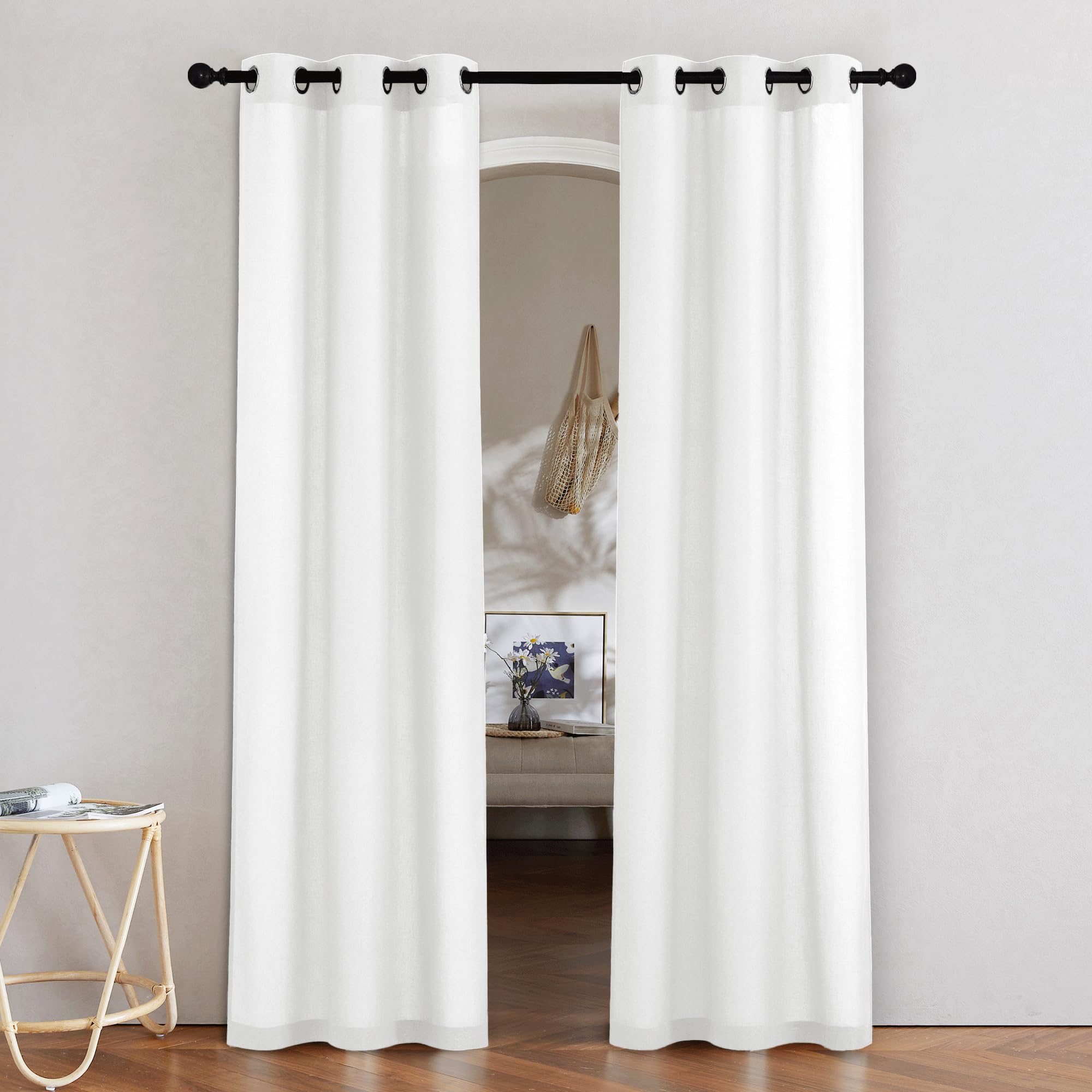 NICETOWN Natural Linen Curtains 84 inch Long 2 Panels Set, Grommet Top Thick Linen Burlap Semi Sheer Vertical Drapes Privacy Assured with Light Filtering for Bedroom/Living Room, W55 x L84
