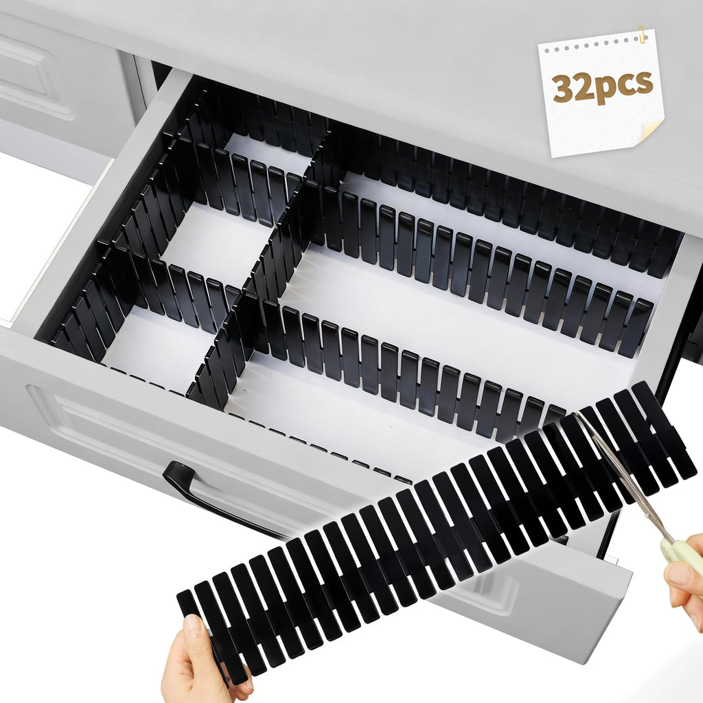 Drawer Divider Adjustable Diy Storage Organizer Separator for Tidying Clutter Cutlery Makeup Clothes of Dresses, Desk & Box in Kitchen Bathroom Bedroom Office (Cut at Will) (White 8pcs)