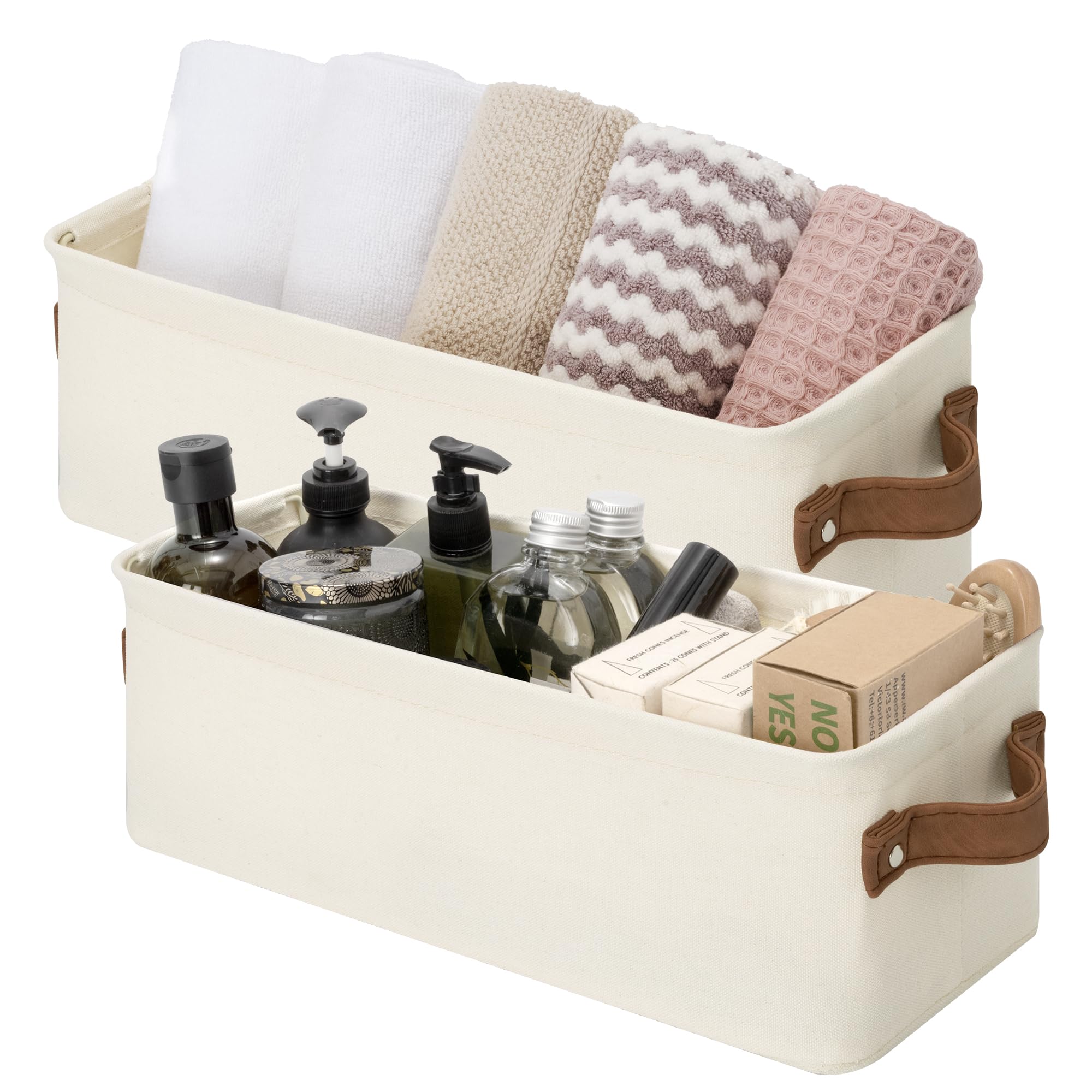 StorageWorks Narrow Storage Bins, Small Basket for Closet and Shelves, Fabric Organizer with Handles, Toilet Paper Storage, Khaki and Beige Stripes, 2-Pack