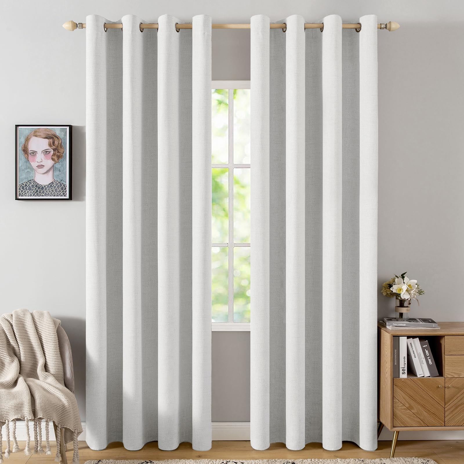 MIULEE 100% Blackout Linen Textured Curtains for Bedroom Solid Thermal Insulated Natural Beige Grommet Room Darkening Curtains & Drapes Luxury Decor for Living Room Nursery 52 x 84 Inch (2 Panels)
