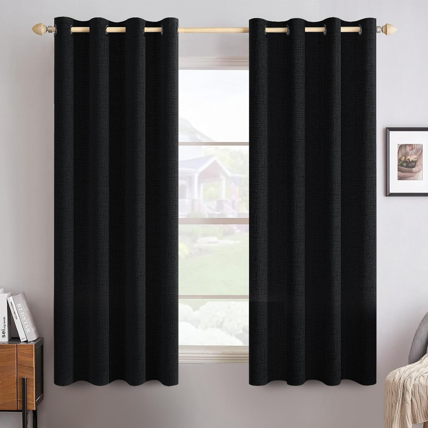 MIULEE 100% Blackout Linen Textured Curtains for Bedroom Solid Thermal Insulated Natural Beige Grommet Room Darkening Curtains & Drapes Luxury Decor for Living Room Nursery 52 x 84 Inch (2 Panels)