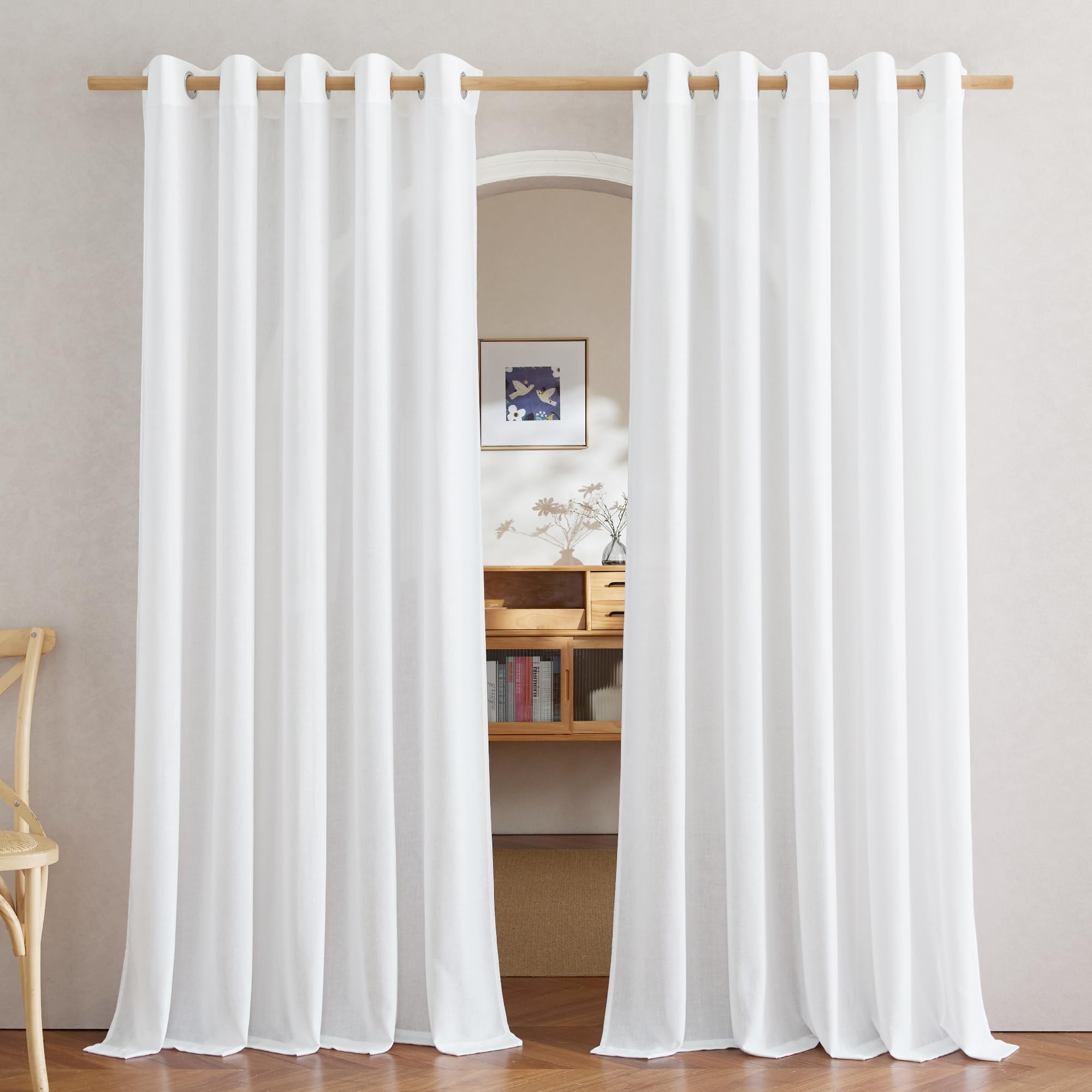 NICETOWN Natural Linen Curtains 84 inch Long 2 Panels Set, Grommet Top Thick Linen Burlap Semi Sheer Vertical Drapes Privacy Assured with Light Filtering for Bedroom/Living Room, W55 x L84