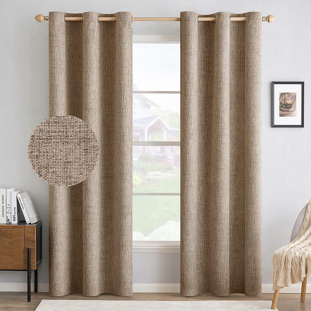 MIULEE 100% Blackout Linen Textured Curtains for Bedroom Solid Thermal Insulated Natural Beige Grommet Room Darkening Curtains & Drapes Luxury Decor for Living Room Nursery 52 x 84 Inch (2 Panels)