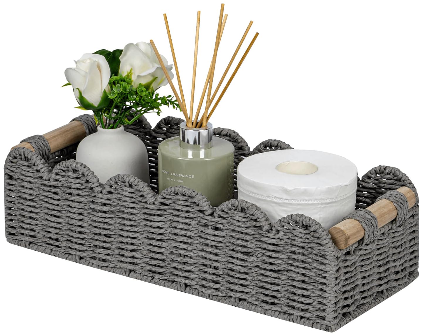 CubesLand Paper Rope Scalloped Edge Toilet Paper Storage Basket, Small Living Room, Bedroom Decor Baskets for Over Toilet Storage Shelf, End Table, Shelves and More, with 2 Wooden Handle, Neutral