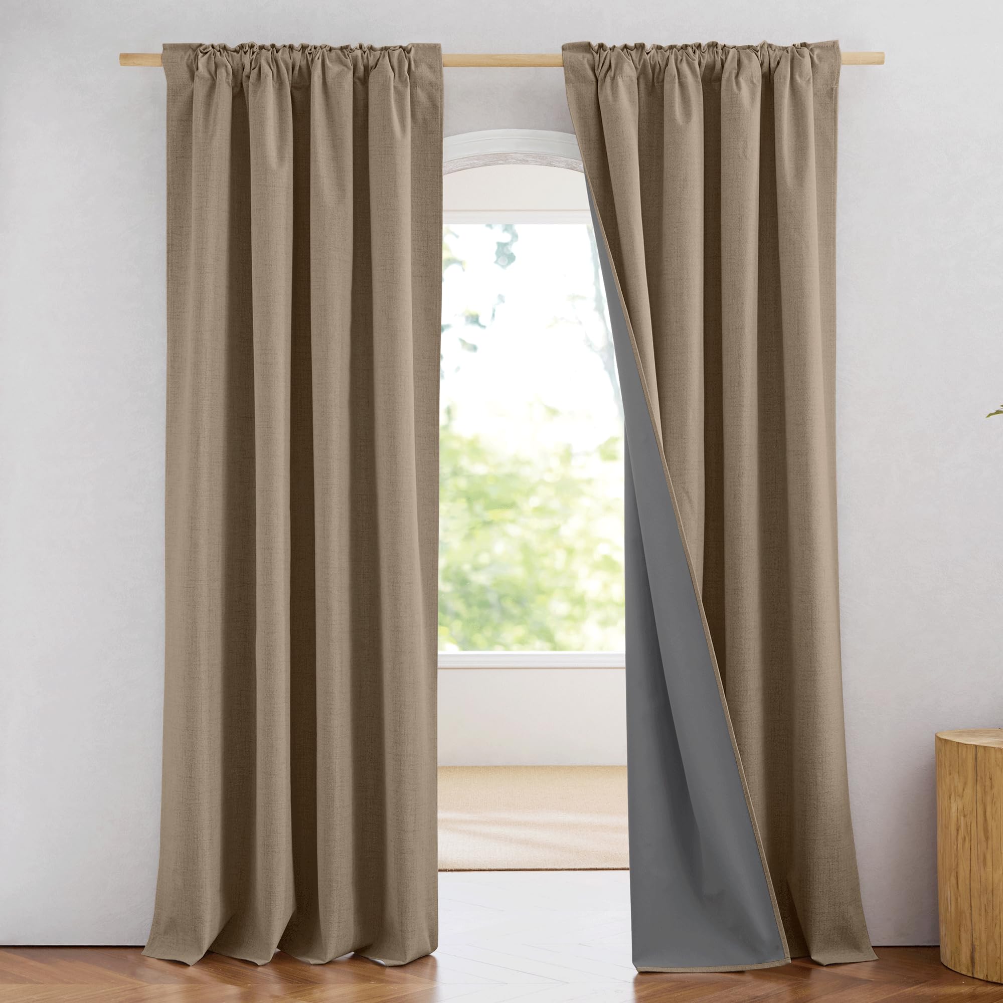 NICETOWN 100% Blackout Linen Curtains 90" Long for Bedroom, Thermal Insulated Living Room Curtains with Liner, Farmhouse Style Linen Blend Window Draperies for Dining Room (2 Panels, 52" W, Natural)