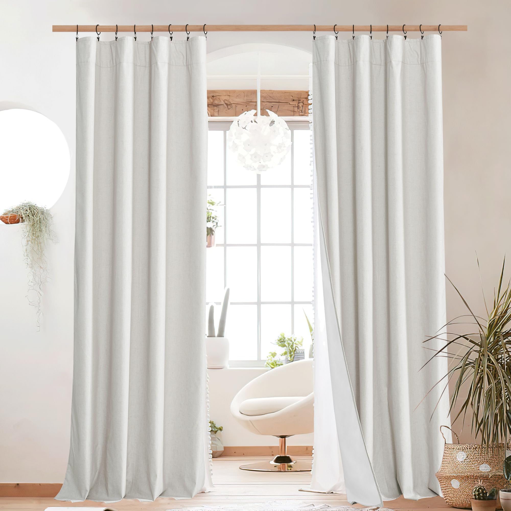 NICETOWN 100% Blackout Linen Curtains 90" Long for Bedroom, Thermal Insulated Living Room Curtains with Liner, Farmhouse Style Linen Blend Window Draperies for Dining Room (2 Panels, 52" W, Natural)