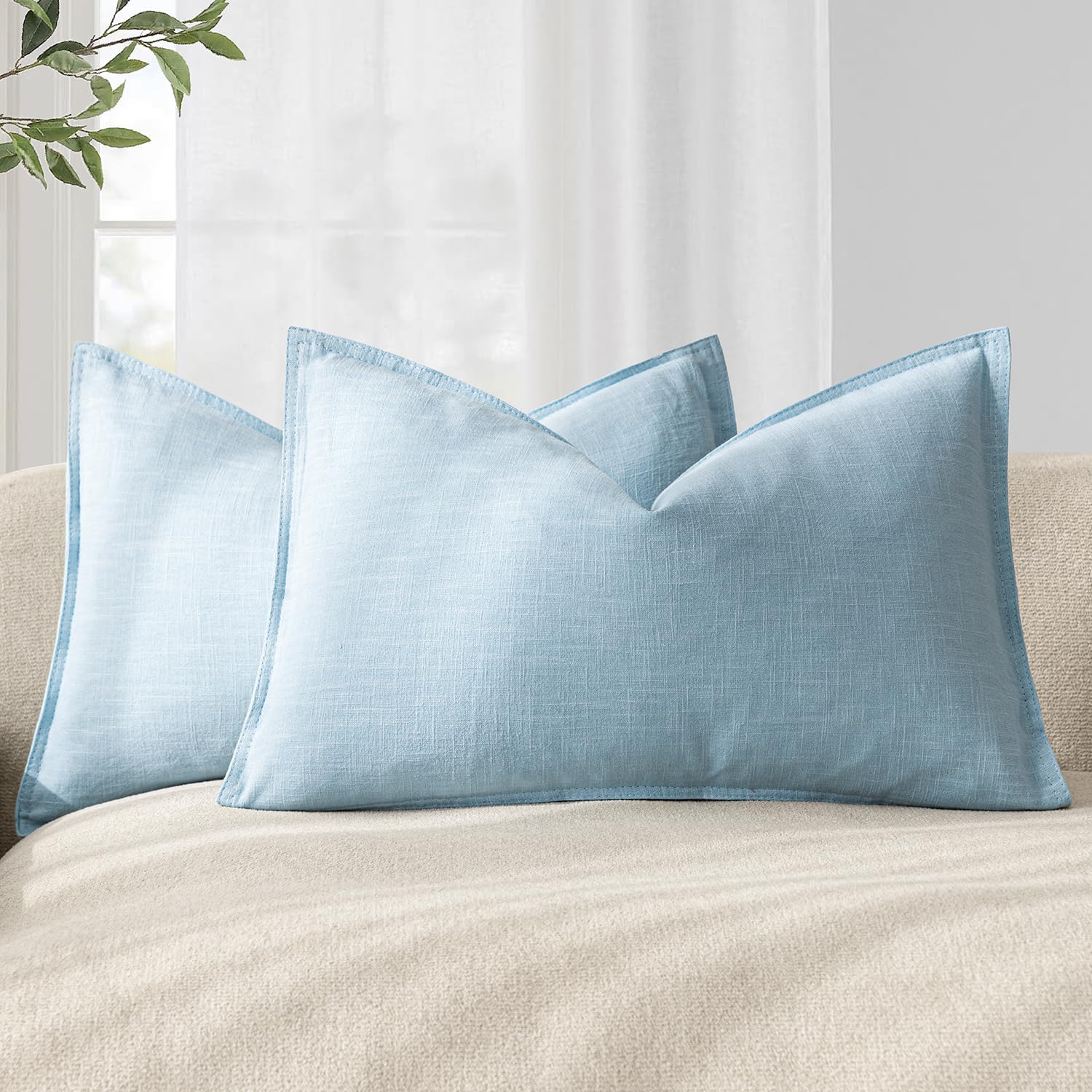 Foindtower Pack of 2, Decorative Linen Soild Throw Pillow Covers Soft Accent Cushion Case Boho Farmhouse Neutral Pillowcase for Couch Sofa Bedroom Living Room Home Decor 18 x 18 Inch Natural Beige
