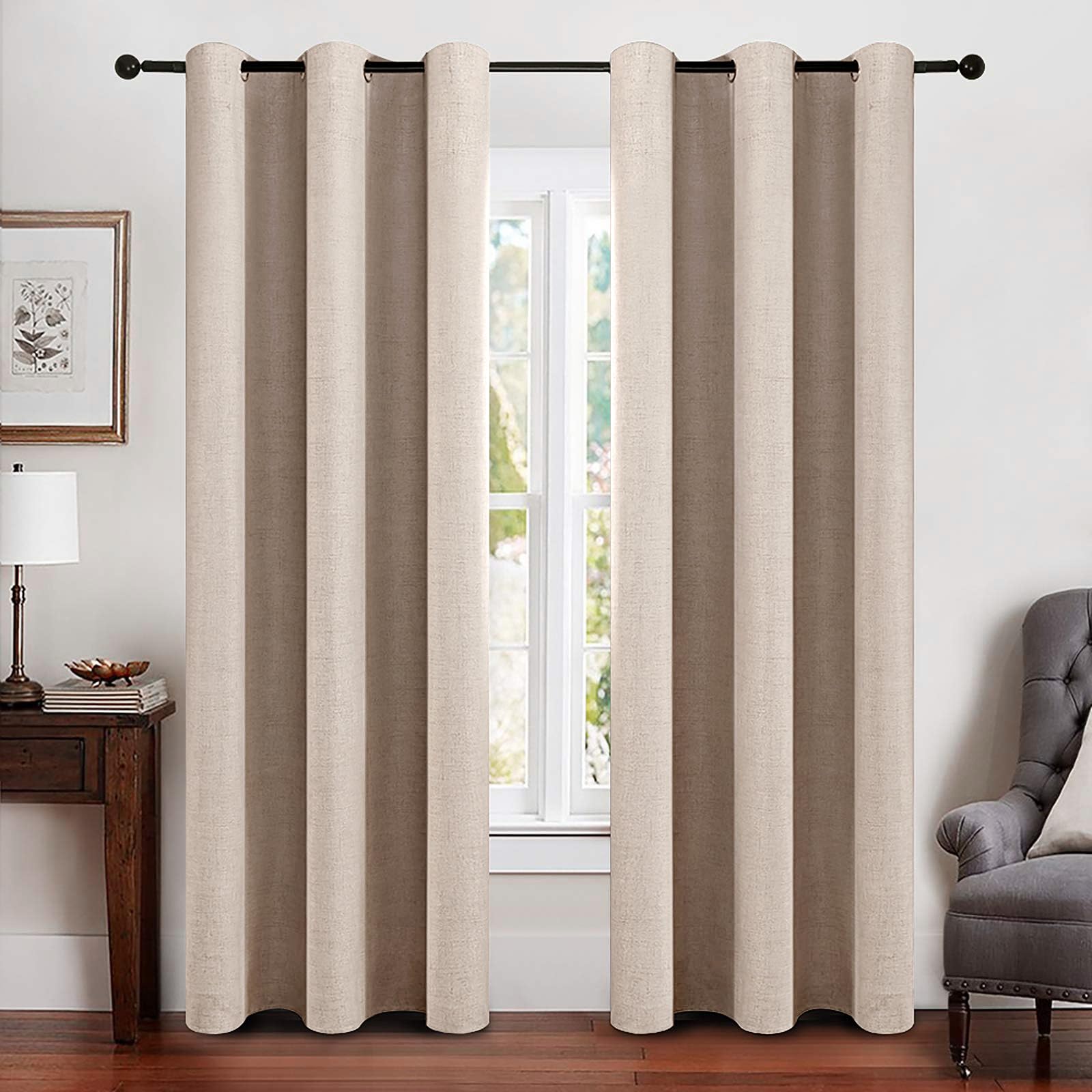 MIULEE 100% Blackout Linen Textured Curtains for Bedroom Solid Thermal Insulated Natural Beige Grommet Room Darkening Curtains & Drapes Luxury Decor for Living Room Nursery 52 x 84 Inch (2 Panels)