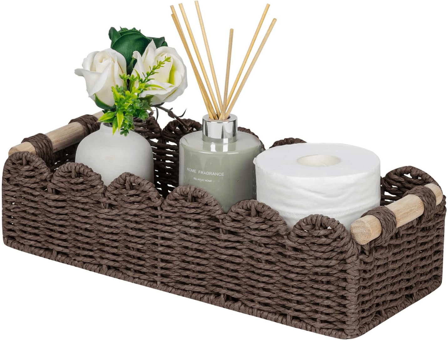 CubesLand Paper Rope Scalloped Edge Toilet Paper Storage Basket, Small Living Room, Bedroom Decor Baskets for Over Toilet Storage Shelf, End Table, Shelves and More, with 2 Wooden Handle, Neutral