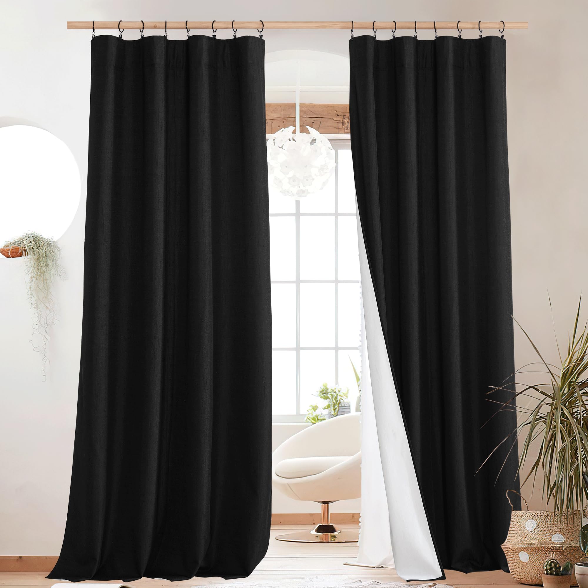 NICETOWN 100% Blackout Linen Curtains 90" Long for Bedroom, Thermal Insulated Living Room Curtains with Liner, Farmhouse Style Linen Blend Window Draperies for Dining Room (2 Panels, 52" W, Natural)