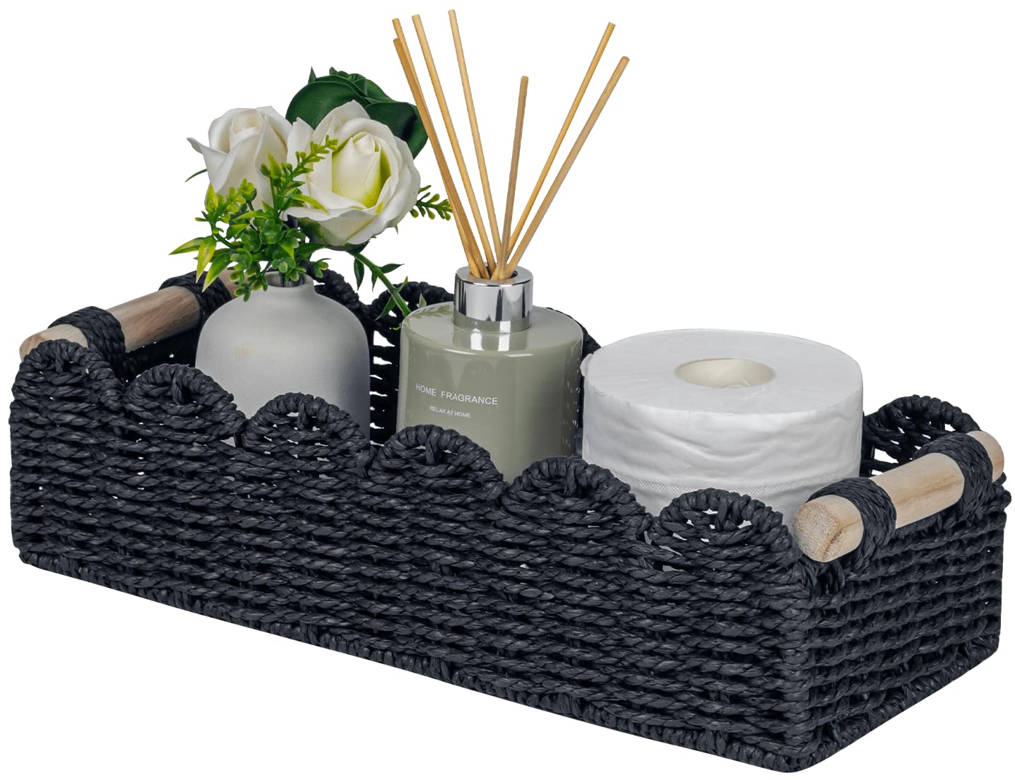 CubesLand Paper Rope Scalloped Edge Toilet Paper Storage Basket, Small Living Room, Bedroom Decor Baskets for Over Toilet Storage Shelf, End Table, Shelves and More, with 2 Wooden Handle, Neutral