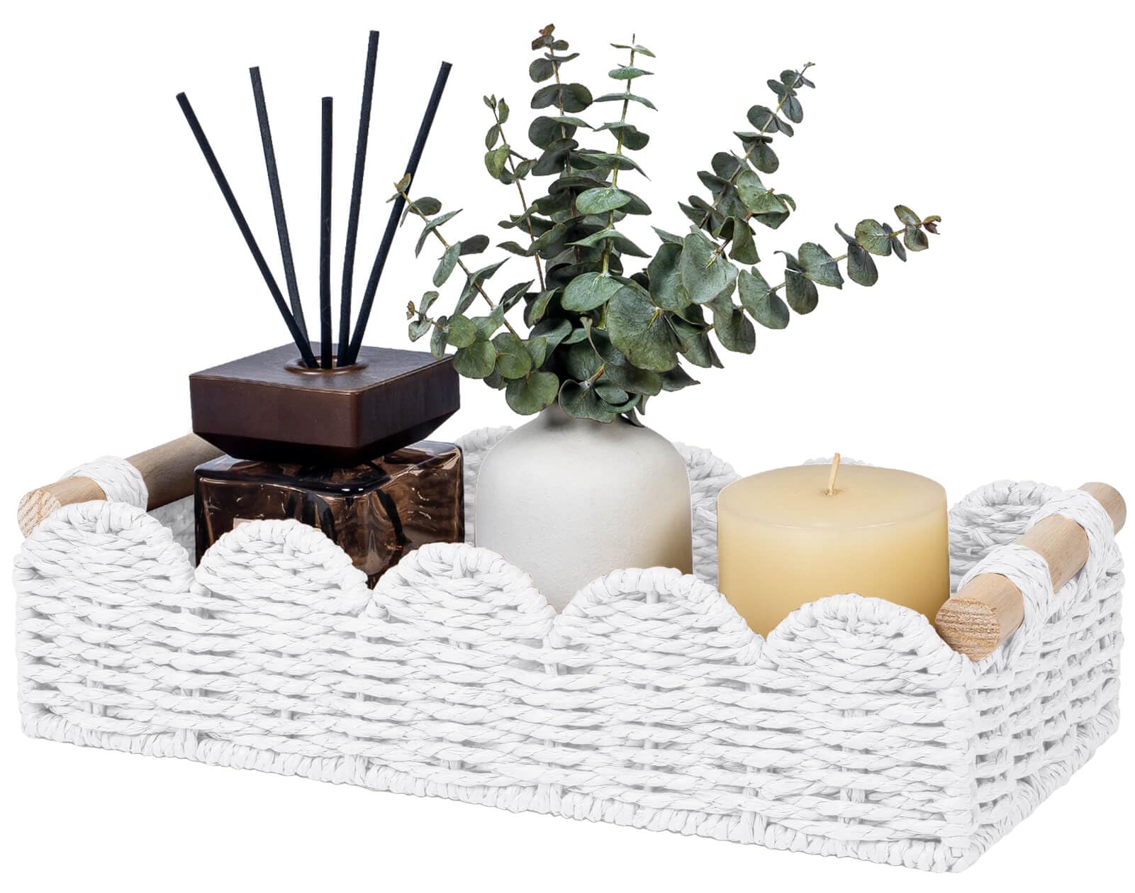 CubesLand Paper Rope Scalloped Edge Toilet Paper Storage Basket, Small Living Room, Bedroom Decor Baskets for Over Toilet Storage Shelf, End Table, Shelves and More, with 2 Wooden Handle, Neutral