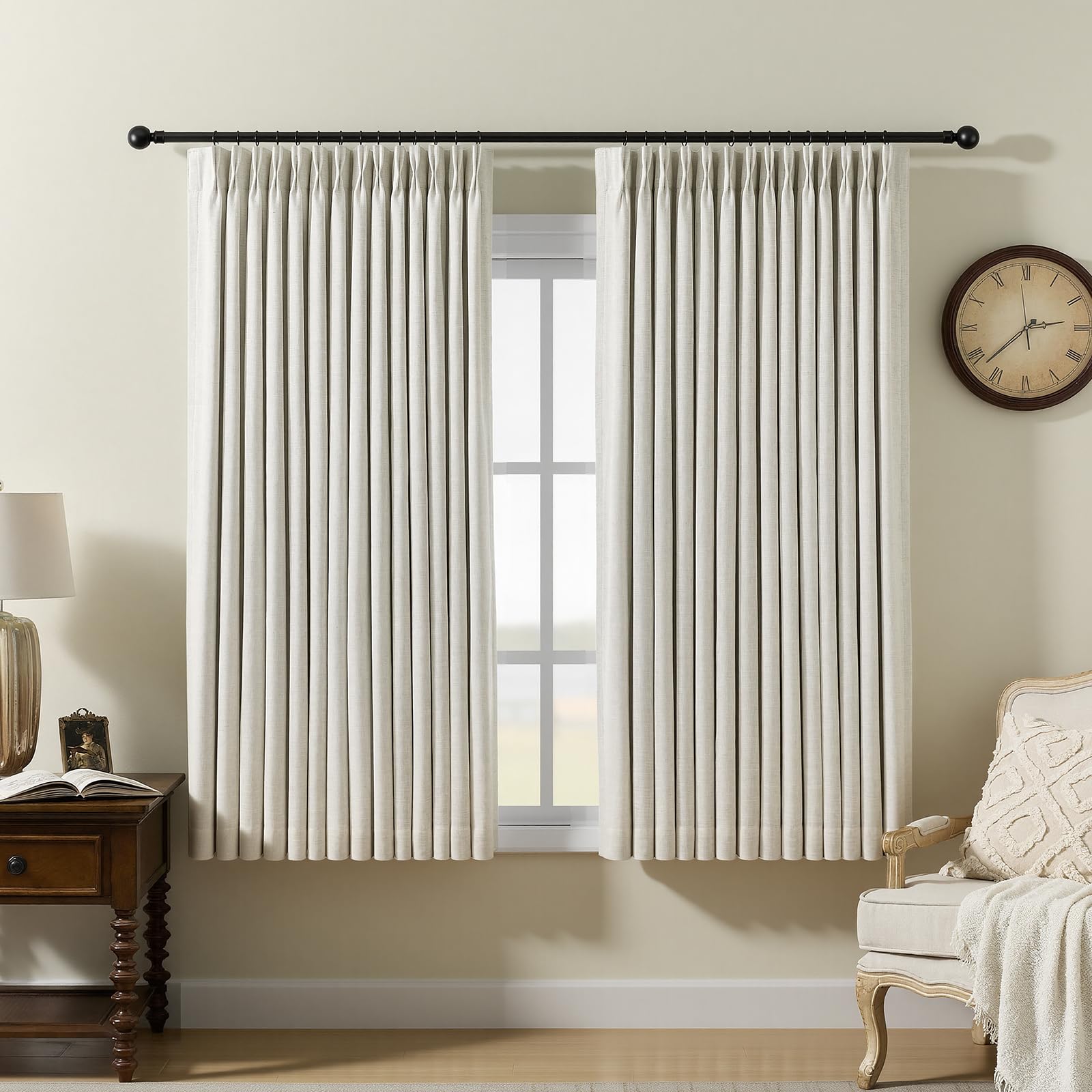 Pinch Pleated Curtains 100% Blackout Linen Curtains 95 Inches Long for Bedroom Living Room, Natural Memory Trained Thermal Insulated Room Darkening Window Pleat Drapes with Hooks, 2 Panels, 40"Wx95"L