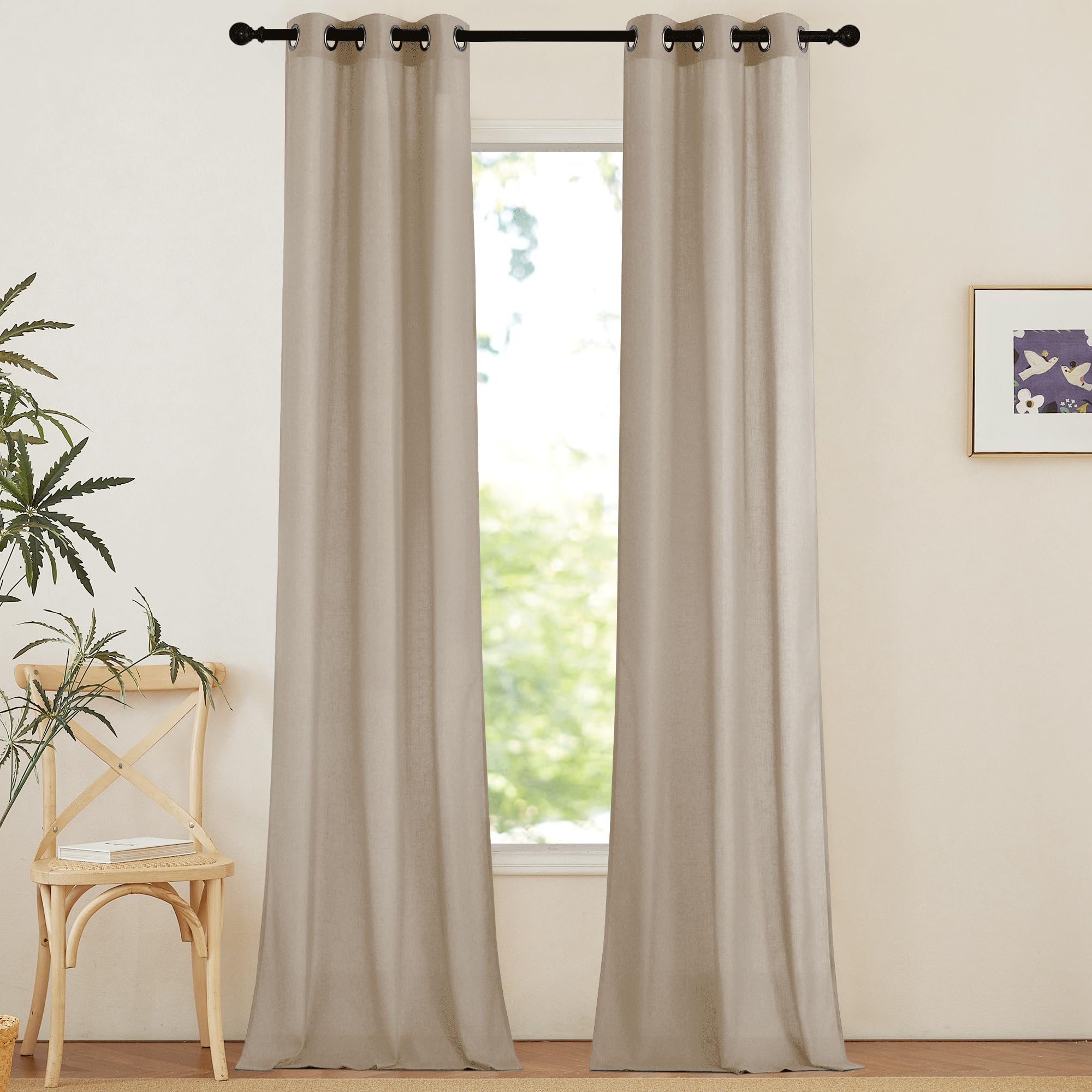 NICETOWN Natural Linen Curtains 84 inch Long 2 Panels Set, Grommet Top Thick Linen Burlap Semi Sheer Vertical Drapes Privacy Assured with Light Filtering for Bedroom/Living Room, W55 x L84