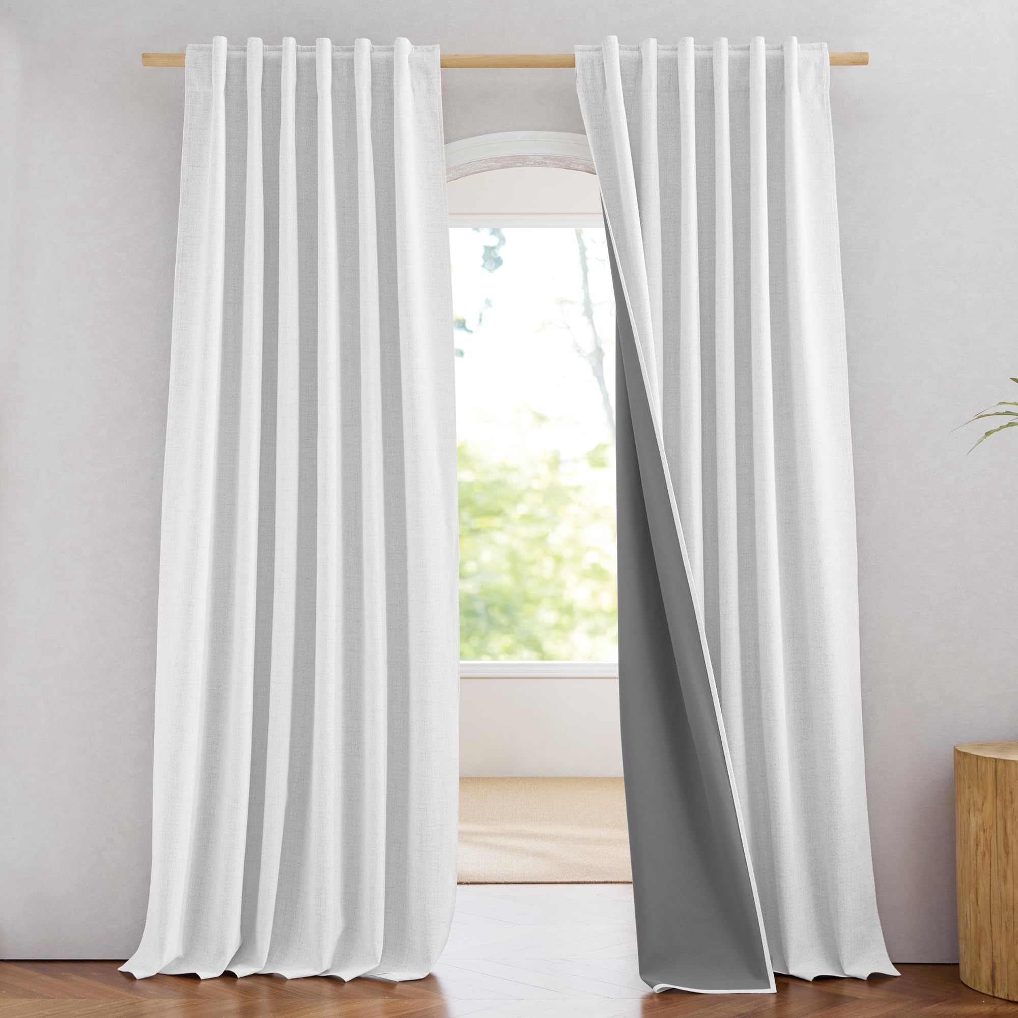 NICETOWN 100% Blackout Linen Curtains 90" Long for Bedroom, Thermal Insulated Living Room Curtains with Liner, Farmhouse Style Linen Blend Window Draperies for Dining Room (2 Panels, 52" W, Natural)
