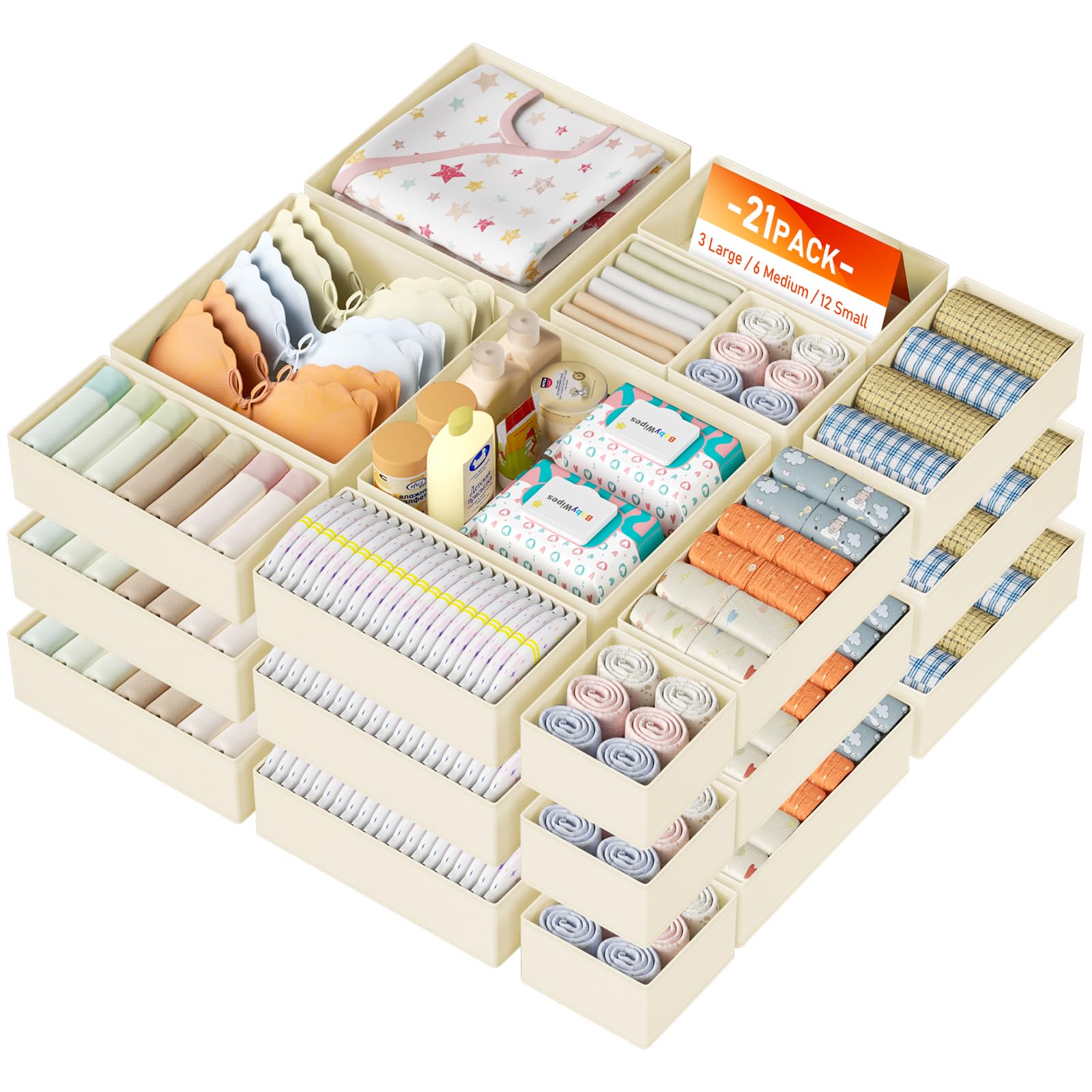DIMJ Drawer Organizer Clothes Storage - 18 Pack Baby Dresser Organizer for Nursery, Foldable Closet Drawer Organizer Bins for Bedroom Organization, Fabric Storage Dividers for Socks, Underwears, Bras