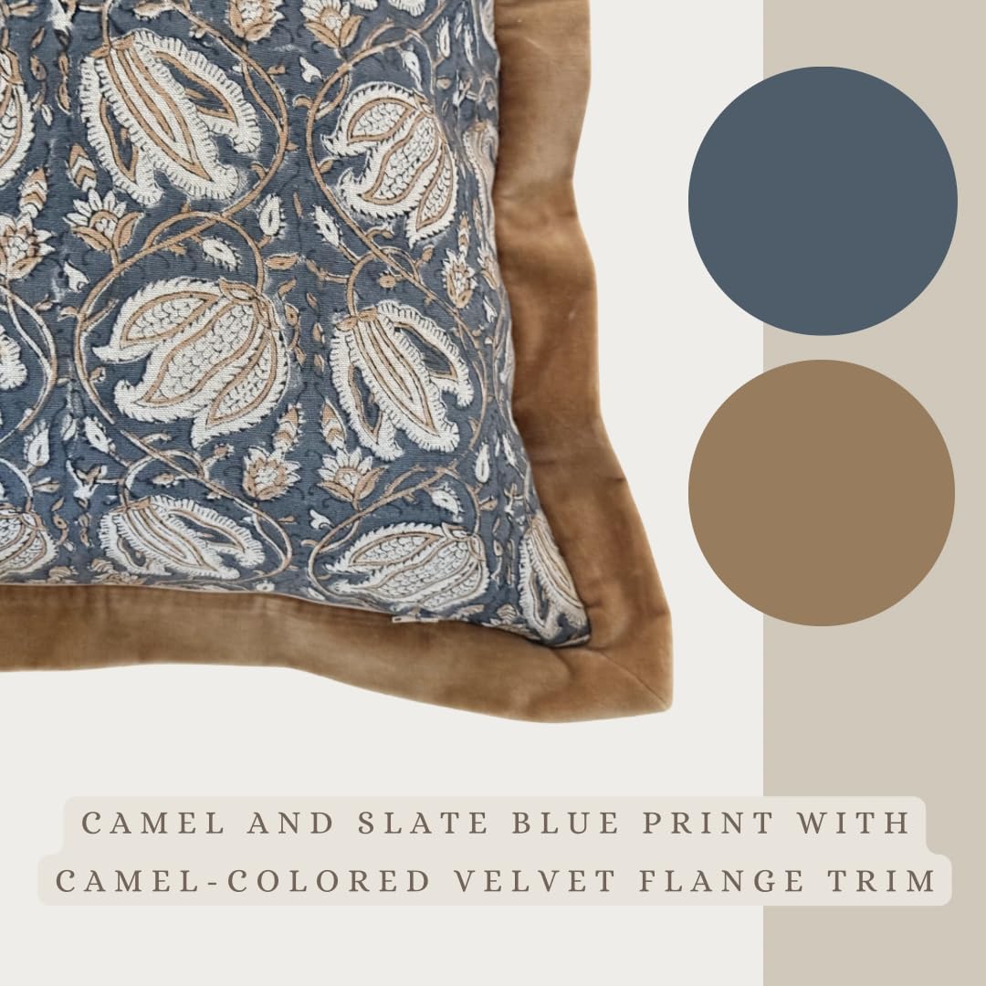Palm & Loom 100% Cotton Linen Cushion Cover - Aira Decorative Throw Pillow Case with Camel & Blue print with flange - Modern Traditional Living Room, Bedroom Pillow Cover (Tana, 20" x 20" (Pack of 1))