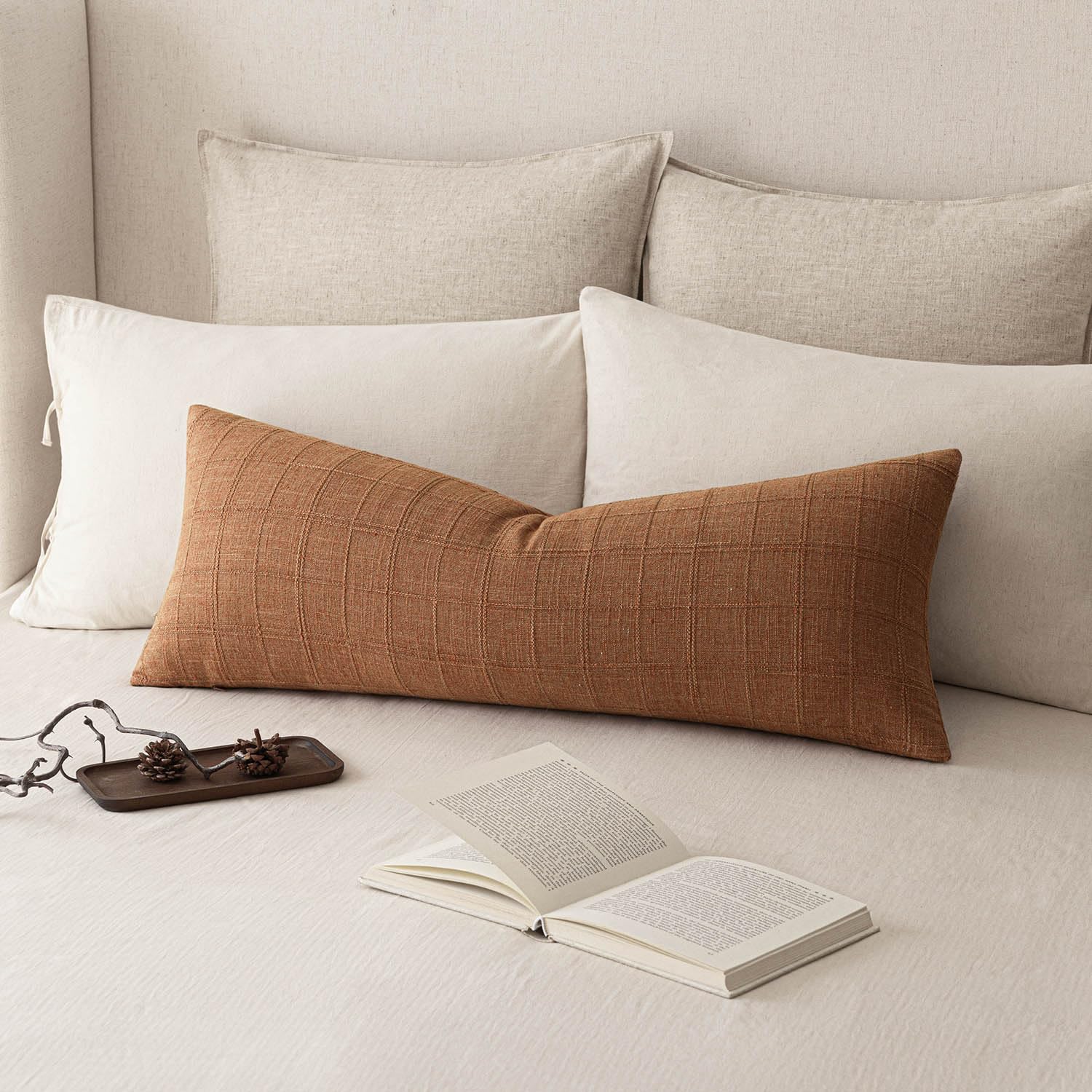 Foindtower Set of 1 Decorative Linen Check Throw Pillow Cover Neutral Farmhouse Lumbar Cushion Cover Modern Boho Home Decor for Sofa Chair Couch Bedroom Living Room,12×20 Inch,Natural Beige